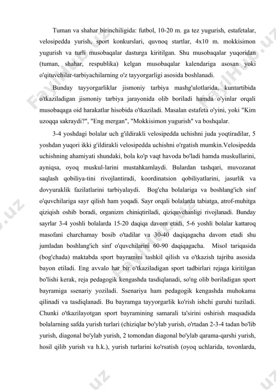ladi. eng avvalo har bir o'tkaziladigan sport tadbirlari rejaga kiritilgan bo'lishi kerak, reja pedagogik kengashda tasdiqlanadi, so'ng olib boriladigan sport bayramiga ssenariy yoziladi. ssenariya ham pedagogik kengashda muhokama qilinadi va tasdiqlanadi. bu bayramga tayyorgarlik ko'rish ishchi guruhi tuziladi. chunki o'tkazilayotgan sport bayramining samarali ta'sirini oshirish maqsadida bolalarning safda yurish turlari (chiziqlar bo'ylab yurish, o'rtadan 2-3-4 tadan bo'lib yurish, diagonal bo'ylab yurish, 2 tomondan diagonal bo'ylab qarama-qarshi yurish, hosil qilib yurish va h.k.), yurish turlarini ko'rsatish (oyoq uchlarida, tovonlarda, kaftning ichki va tashqi tomonlarida yurish, askarcha yurish, katta qadam tashlab yurish, oyoqlarni chalkashtirib yurish, tizzalarni baland ko'tarib yurish va h.k.). harakatli o‘yinlarni o‘tkazish metodikasi. tarbiyachining o‘yin jarayoniga rahbarlik qilishi metodikasini egallagan bo‘lishi o‘yinlarni muvaffaqiyatli o‘tkazishning asosiy sharti hisoblanadi. harakatli o‘yinlarni tanlash va rejalashtirish dasturga muvofiq amalga oshiriladi. bunga har bir yosh gruhning ish sharoiti hisobga olinadi, chunonchi bolalarni jismoniy va aqliy rivojlanishining umumiy darajasi harakat ko‘nikmalarining rivojlanishi, har bir bola sog‘lig‘ining …