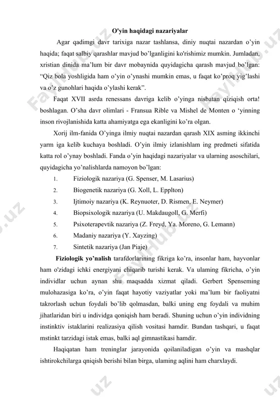 stak emas, balki aql gimnastikasi hamdir. haqiqatan ham treninglar jarayonida qoilaniladigan o’yin va mashqlar ishtirokchilarga qniqish berishi bilan birga, ulaming aqlini ham charxlaydi. nemis psixolog va filosof olimi moris lasariusning fikriga ko’ra, o’yin dam utish va mashq qilish vositasidir. inson o’z muskul va tana a’zolarining harakati uchun mashq qilgani kabi o’zining ruhiyatini ham haraktini ta’minlashi lozim, buning uchun esa u o’ynaydi. bundan tashqari o’qish va mehnat faoliyatidan charchash mmjasidagi ichki salbiy enenrgiyalar ham o’yin orqali chiqarib yuboriladi. shunday iplib, g. spenser va m. lasariusning konsepsiyasiga ko’ra, o’yin - insonning atrof- muhitga sof biopsixologik moslashuvi sifatida tushuniladi. biogenetik yo’nalish tarafdorlaridan grenvill stenli xollning fikriga ko’ra, o’yin - inson faoliyatining rudimentidir. bolalar o'yini esa instinktiv faoliyat boiib, hola o’z ajdodlarining hayotiy faoliyatini takrorlaydi. s. xolning mulohazasiga ko’ra, o'yinning mohiyati shundaki, u insonlaming avvalgi tajribaiari asosida hozirgi hayotga moslashishlarini ta’minlaydi. treninglarda qo’llaniladigan o'yin va mashqlar ishtirokchilaming o'zaro munosabatlarini yaxshilash bilan birga ulaming bir-birlariga …