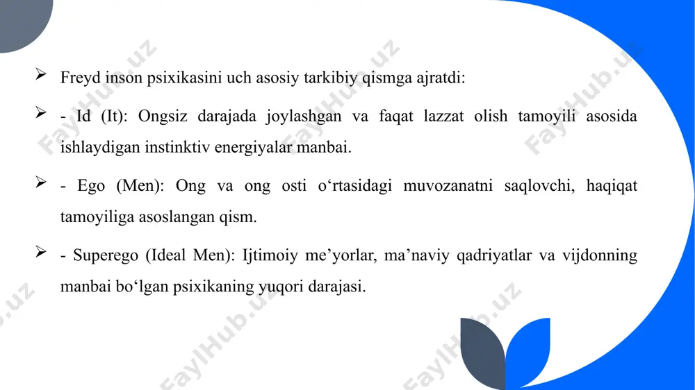 yondashuv travma terapiyasida qo‘llaniladi. 2. tibbiyot va psixiatriyadagi roli freyd ta’limoti ruhiy buzilishlarni diagnostika qilish va davolash jarayonlariga asos bo‘ldi: - nevrozlar va depressiya: freyd nevrozlarni ongsiz konfliktlar natijasi sifatida ko‘rib chiqqan. ushbu yondashuv nevroz va depressiyani davolashda psixodinamik terapiyani rivojlantirdi. - psixosomatik kasalliklar: ongsiz psixologik jarayonlar bilan jismoniy kasalliklar o‘rtasidagi bog‘liqlikni o‘rganish freyd nazariyasidan kelib chiqadi. 3. madaniyat, san’at va adabiyotga ta’siri freyd ta’limoti san’at va adabiyotda inson ongining murakkabliklarini tadqiq qilishda asosiy manba bo‘ldi: - adabiy tahlil: freydning psixoanalitik nazariyalari adabiyotshunoslikda yozuvchi va qahramonlarning psixologiyasini tahlil qilishda keng qo‘llaniladi. - san’atshunoslik: orzular, ongsiz istaklar va jinsiy instinktlarning ifodalanishi san’at asarlarini tushunishda yangi yondashuvlar taqdim etdi. - kinematografiya: freydning g‘oyalari ko‘plab filmlar va dramaturgiya asarlariga ilhom manbai bo‘lgan. 4. zamonaviy tadqiqotlar va psixoanalizning rivoji freyd ta’limoti zamonaviy psixologiya va nevrologiya tadqiqotlariga ta’sir o‘tkazishda davom etmoqda: - nevrologiya va ongsizlik: hozirgi kunda neyrofanlar ong va ongsizlik o‘rtasidagi bog‘liqlikni o‘rganishda freyd …