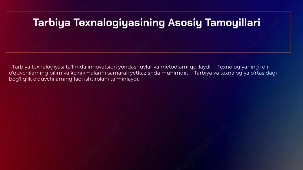 rga o'z-o'zini ta'lim olishga yordam beradi. innovatsion yondashuvlar innovatsion yondashuvlar, masalan, onlayn platformalar va interaktiv vositalar orqali ta'limni yanada samarali qilish mumkin. ta'lim sifatiga ta'siri texnalogiyalar ta'lim sifatiga ijobiy ta'sir ko'rsatadi, o'quvchilarning ijodiy fikrlash qobiliyatini oshiradi. interaktiv o'quv dasturlari o'quv jarayonidagi afzalliklar interaktiv o'quv dasturlari ta'lim jarayonini samarali qiladi, chunki ular o'quvchilarning faol ishtirokini ta'minlaydi. bunday dasturlar o'quvchilarga bilimlarini amalda sinab ko'rish imkonini beradi va motivatsiyasini oshiradi. ta'lim jarayonidagi roli ushbu dasturlar o'quvchilarga mustaqil fikrlash va muammolarni hal qilish imkoniyatini beradi, bu esa o'qitish sifatini yaxshilaydi. interaktiv o'quv dasturlari yordamida o'qituvchilar o'quvchilarning qiziqishlarini hisobga olishlari osonlashadi. onlayn ta'lim platformalari onlayn ta'lim platformalari zamonaviy ta'lim jarayonida muhim o'rin egallaydi. ushbu platformalar orqali talabalar dunyoning istalgan burchagidan ta'lim olish imkoniyatiga ega bo'ladilar. o'z vaqtida va qulay sharoitda o'qish, o'quv jarayonini mustaqil boshqarish imkonini beradi. shuningdek, resurslar va materiallar ulkan bo'lib, talabalarga turli xil bilimlarni o'zlashtirishda yordam beradi. onlayn ta'lim platformalari o'qitish jarayonini …