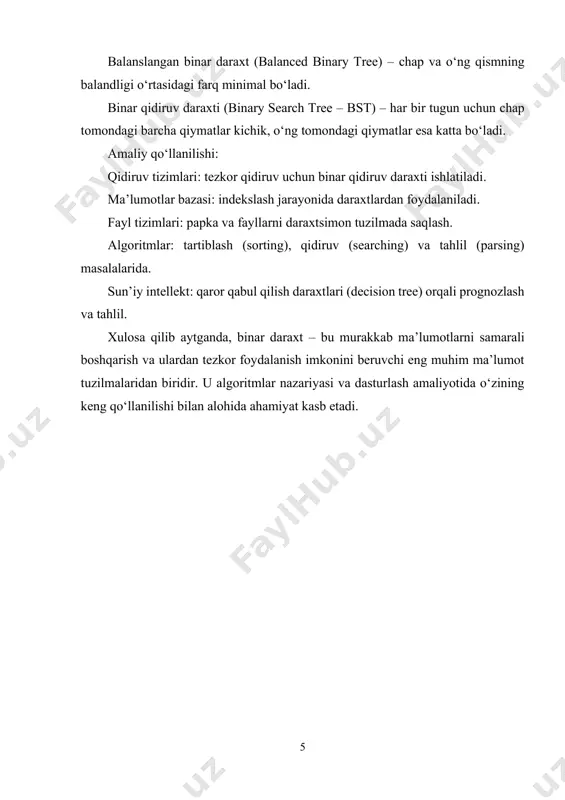 boriladi, u yerdan chapga o‘tib, 17 topiladi. ❖ yangi element qo‘shish (masalan, 11) → 15 (chap) → 10 (o‘ng) → 12 (chap) → 11 joylashtiriladi. ❖ element o‘chirish (masalan, 10) → 10 ni o‘chirishda uning ikki farzandi bo‘lgani uchun o‘rniga 12 qo‘yiladi. bst amaliy qo‘llanishi: ➢ ma’lumotlar bazalari: indekslash va tezkor qidiruvda. ➢ fayl tizimlari: fayllarni tezkor izlashda. ➢ kompilyatorlar: sintaksis daraxtlarini yaratishda. ➢ sun’iy intellekt: qaror daraxtlarini qurishda. ➢ tartiblash algoritmlari: ma’lumotlarni tartib bilan saqlash va chiqarishda. shunday qilib, binar qidiruv daraxti nafaqat nazariy jihatdan muhim, balki amaliy dasturlashda ham juda keng qo‘llaniladigan ma’lumot tuzilmasidir. 9 3. element qo‘shish algoritmi binar qidiruv daraxtida (bst) yangi element qo‘shish jarayoni daraxtning asosiy qoidasiga asoslanadi: ➢ chap tomonda har doim kichik elementlar, ➢ o‘ng tomonda esa katta elementlar joylashadi. shu sababli element qo‘shish jarayoni oddiy, ammo tartibli bosqichlarda amalga oshiriladi. element qo‘shish algoritmi bosqichlari: ✓ agar daraxt bo‘sh bo‘lsa, yangi tugun ildiz …