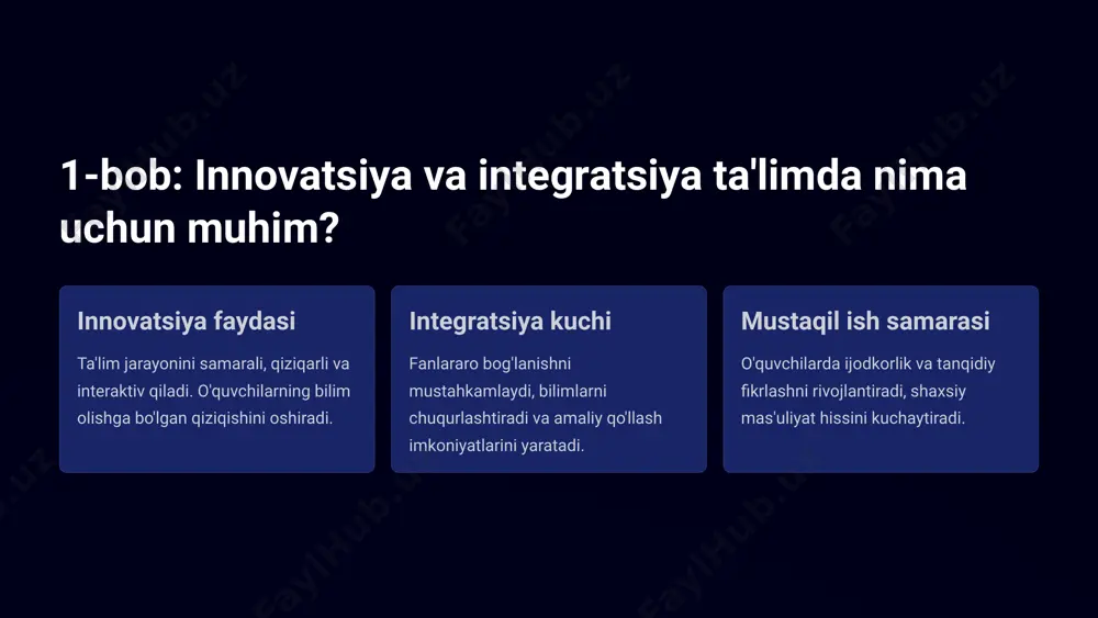 uruh ishida muammolarni yechish o'quvchilarning ijodiy fikrlash qobiliyatini rivojlantiradi va hamkorlik ko'nikmalarini mustahkamlaydi. o'zbekiston ta'lim tizimida akt va integratsiya 1 2025 yilgacha ta'limda raqamli texnologiyalarni keng joriy etish davlat dasturi amalga oshirilmoqda 2 innovatsion markazlar o'qituvchilarni malaka oshirish va zamonaviy metodlar bilan tanishtirishga mo'ljallangan markazlar tashkil etilmoqda 3 texnik jihozlash maktablarda interaktiv ta'lim vositalarining kengayishi va modernizatsiya jarayoni davom etmoqda o'qituvchilar uchun tavsiyalar integratsiyani rejalashtirish mustaqil ishlarni rejalashtirishda fanlararo bog'lanishni hisobga olish va mavzularni bog'lab berish akt ko'nikmalarini oshirish akt vositalaridan samarali foydalanish uchun doimiy o'qish va tajriba almashish zarur individual yondashuv o'quvchilarning individual ehtiyojlari va qobiliyatlarini inobatga olgan holda topshiriqlar berish o'quvchilar uchun foydalari mustaqil fikrlash mustaqil fikrlash va ijodiy yondashuvni rivojlantirish, o'z fikrini erkin ifodalash texnologik savodxonlik texnologiyalar yordamida bilimlarni mustahkamlash va raqamli ko'nikmalar egallash o'z-o'zini baholash o'z-o'zini baholash va o'rganish jarayonida faollik ko'rsatish qobiliyatini rivojlantirish texnologiya bilan o'rganish oson va qiziqarli planshet va boshqa raqamli qurilmalar yordamida …