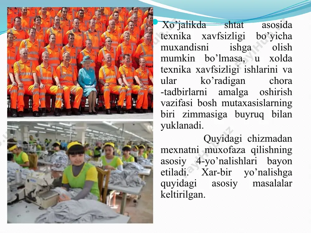 ish va olgan bilimlarni tekshirish yuzasidan 1996-yolda tasdiqlangan namunaviy nizomga asosan olib boriladi. malaka oshirish dasturiga mexnat muxofazasi va standartlar mxst bo’yicha maruzalar kiritiladi. kurslarni bitirgan xamma ishchilar o’z malakasi bo’yicha imtixon topshiradi va mexnat xavfsizligidagidan bilim darajasi ko’rsatiladi. xo’jalik raxbarlari va mutaxasislar o’z malakalarini malaka oshirish va ular qoshida tashkil etilgan malaka oshirish maktablarda asosiy mutaxasisligi bo’yicha ko’pi bilan 6 yilda bir martadan kam bo’lmagan xolda malaka oshirish qurslari o’qiydilar. mexnat muxofazasi bo’yicha xar yilda bir marotaba barcha raxbar va ishchilar mexnat muxofazasi yoki fuqarolar ximoyasi bo’yicha 36 soatlik darslarni olib borishi va o’qishi shart qishloq va suv xo’jaligi vazirligi tasdiqlagan va respublika kasaba uyushmalari federatsiyasi bilan kelishilgan nizomga asosan xo’jalik raxbarlari o’rinbosarlari, ustalar prarablar, muxandislar mexnat muxofazasi bo’yicha imtixonlarni (ular yuqori lavozimga tayinlanishida xar yili (fevral, mart) oylarida topshiradilar) qoniqarsiz boxo olgan va qayta imtixonni qoniqarsiz boxoga topshirgan birinchi imtixondan (3oy-6oy va bir yil)dan ko’p bo’lmagan vaqtda shaxslar …