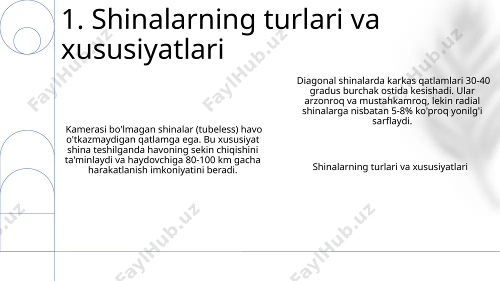 3mm ekanligini ko'rsatadi. ofset esa g'ildirakning markaziy chizig'idan o'rnatish yuzasigacha bo'lgan masofadir. shinalarning o'lchami ko'pincha p225/50r17 ko'rinishida bo'ladi, bu erda 225 shina kengligi millimetrda, 50 esa yon devor balandligining kenglikka nisbati (%). r esa radial konstruksiyani bildiradi, 17 g'ildirak diametri dyuymlarda. g'ildirakning o'lchami odatda dyuymlarda ko'rsatiladi, masalan, 17x7j, bu erda 17 g'ildirak diametri, 7 esa g'ildirakning kengligi dyuymlarda ekanligini anglatadi. j esa flanesning shaklini bildiradi. 7. g'ildirak va shinalarning o'lchamlari va mosligi e'tiboringiz uchun rahmat @taqdimot_robot image1.png image2.png image3.png image4.png image5.png image6.png image7.png image8.png