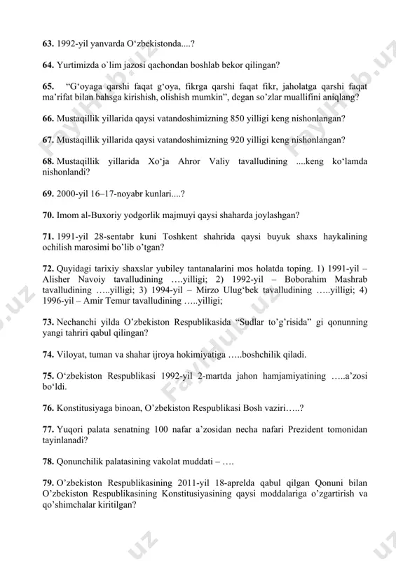 odgorlik majmuyi qaysi shaharda joylashgan? 71. 1991-yil 28-sentabr kuni toshkent shahrida qaysi buyuk shaxs haykalining ochilish marosimi bo’lib o’tgan? 72. quyidagi tarixiy shaxslar yubiley tantanalarini mos holatda toping. 1) 1991-yil – alisher navoiy tavalludining ….yilligi; 2) 1992-yil – boborahim mashrab tavalludining …..yilligi; 3) 1994-yil – mirzo ulug‘bek tavalludining …..yilligi; 4) 1996-yil – amir temur tavalludining …..yilligi; 73. nechanchi yilda o’zbekiston respublikasida “sudlar to’g’risida” gi qonunning yangi tahriri qabul qilingan? 74. viloyat, tuman va shahar ijroya hokimiyatiga …..boshchilik qiladi. 75. o‘zbekiston respublikasi 1992-yil 2-martda jahon hamjamiyatining …..a’zosi bo‘ldi. 76. konstitusiyaga binoan, o’zbekiston respublikasi bosh vaziri…..? 77. yuqori palata senatning 100 nafar a’zosidan necha nafari prezident tomonidan tayinlanadi? 78. qonunchilik palatasining vakolat muddati – …. 79. o’zbekiston respublikasining 2011-yil 18-aprelda qabul qilgan qonuni bilan o’zbekiston respublikasining konstitusiyasining qaysi moddalariga o’zgartirish va qo’shimchalar kiritilgan? 80. mamlakatimizda ommaviy axborot vositalari xalqqa ilmiy, huquqiy, siyosiy, iqtisodiy madaniyat tarqatuvchi....? 81. o'zbekiston g'alla mustaqilligiga erishganmi? 82. o'zbekiston …