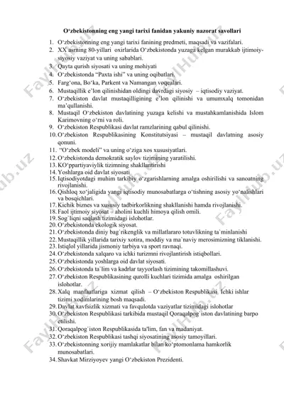 o‘zbekistonning eng yangi tarixi fanidan yakuniy nazorat savollari — DOCX