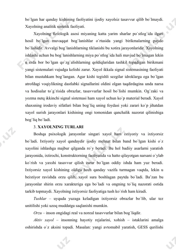 ish jarayonida, ixtirochi, konstruktorning faoliyatida va hatto qilayotgan narsani o`ylab ko`rish va yaxshi tasavvur qilish zarur bo`lgan oddiy ishda ham yuz beradi. ixtiyorsiz xayol kishining oldiga hech qanday vazifa turmagan vaqtda, lekin u beixtiyor ravishda orzu qilib, xayol sura boshlagan paytda bo`ladi. ba’zan bu jarayonlar shirin orzu xarakteriga ega bo`ladi va ongning to`liq nazorati ostida tarkib topmaydi. xayolning ixtiyorsiz faoliyatiga tush ko`rish ham kiradi. tushlar – uyquda yuzaga keladigan ixtiyorsiz obrazlar bo`lib, ular tez unitilishi yoki uzoq muddatga saqlanishi mumkin. orzu – inson ongidagi real va noreal tasavvurlar bilan bog`liqdir. aktiv xayol – insonning hayotiy rejalarini, xohish – istaklarini amalga oshirishda o`z aksini topadi. masalan: yangi avtomabil yaratish, gess qurilishi rejasini tuzish shularga misoldir. reproduktiv xayolda aniq real vazifani amalga oshirish maqsad qilib qo`yiladi. unda fantaziya elementlari mavjud bo`ladi. produktiv (ijodiy) xayol - bizning tajribamizda mavjud bo`lmagan obraz va ob’ektlarni yaratish bilan bog`liq bo`lgan xayol turidir. masalan: ixtirochi, yozuvchi yangi …