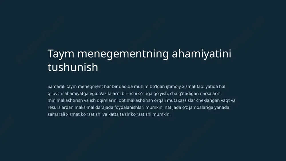 ni oshiradi. eslatma uchun ilovalar fikrlarni yozib olish, fayllarni biriktirish va qurilmalar o‘rtasida muammosiz sinxronlash imkonini beruvchi ko‘p qirrali qayd qilish ilovalari yordamida tartibli bo‘ling va g‘oyalarni yozib oling. vaqt kuzatuvchilari intuitiv vaqtni kuzatish ilovalari bilan vaqtingizni qanday o'tkazishingiz haqida qimmatli ma'lumotlarga ega bo'ling. hosildorlik namunalaringizni tahlil qiling va yaxshilash kerak bo'lgan sohalarni aniqlang. 8 chalg'itishni kamaytirish va diqqatni jamlash triggerlarni aniqlang ijtimoiy tarmoqlar, elektron pochta xabarnomalari yoki keraksiz uchrashuvlar kabi unumdorligingizni pasaytiradigan umumiy chalg'ituvchi omillarni tan oling. chalg'itadigan narsalarni yo'q qiling ijtimoiy tarmoqlar, elektron pochta xabarnomalari yoki keraksiz uchrashuvlar kabi unumdorligingizni pasaytiradigan umumiy chalg'ituvchi xavfsizlikni tan oling. fokuslangan muhit yarating ish joyingizni tartibsizlikni minimallashtirish, shovqin darajasini nazorat qilish va tinch, chalg'itmaydigan muhitni yaratish uchun etarli yoritishni ta'minlash orqali optimallashtiring. ehtiyotkorlikni mashq qiling fikringizni qayta tiklash va kun davomida konsentratsiyani tiklash uchun qisqa meditatsiya tanaffuslari va nafas olish mashqlarini qo'shing. 9 o'z-o'zini parvarish qilish va ish va hayot muvozanatini mashq …