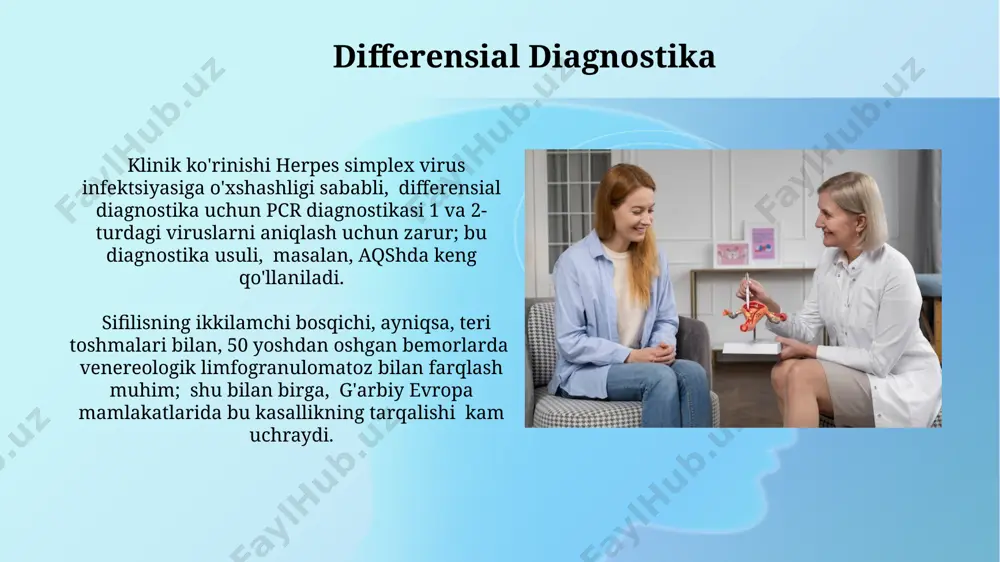 keyinchalik 50% hollarda teri shikastlanishiga olib keladi, bu esa chandiqli oʻzgarishlarga olib kelishi mumkin. lglning etiologik omili chlamydia trachomatis serovarlarining l1, l2, l3 guruhlari boʻlib, ularning 15-25% hollarda jinsiy yoʻl bilan yuqadi, asosan afrikaning tropik mintaqalarida tarqalgan. oldini olish choralar oldini olish choralarining samaradorligi 50% dan oshganini ko'rsatuvchi 1940-yillardagi epidemiologik tadqiqotlar samarqand viloyatida o'tkazilgan. kasallikning oldini olishda shaxsiy gigiena qoidalariga rioya qilish, shu jumladan, 2-3 marta yuvinish va jinsiy aloqa gigienasiga rioya qilish muhim ahamiyatga ega edi. klinik ko'rinishlar va alomatlar ikkinchi bosqichda, 2-6 haftadan keyin, mintaqaviy limfadenopatiya rivojlanadi, bezlar kattalashib, og'riqli bo'ladi, ayniqsa, inguinal mintaqada. bu holat 30-40% hollarda kuzatiladi. dastlabki bosqichda, 1-3 hafta ichida, og'riqsiz yaralar (chancre) paydo bo'ladi, ko'pincha jinsiy a'zolarda, ammo ba'zan og'iz bo'shlig'ida yoki to'g'ri ichakda ham kuzatiladi. venerik limfogranulomatozning zamonaviy aspektlari venerik limfogranulomatozning kech bosqichlarini aniqlashda mri va kt tekshiruvlari samarqanddagi viloyat dermatologiya dispanserida yuqori aniqlikni ta'minladi, bu esa bemorlarning o'z vaqtida davolanishini yaxshiladi. …