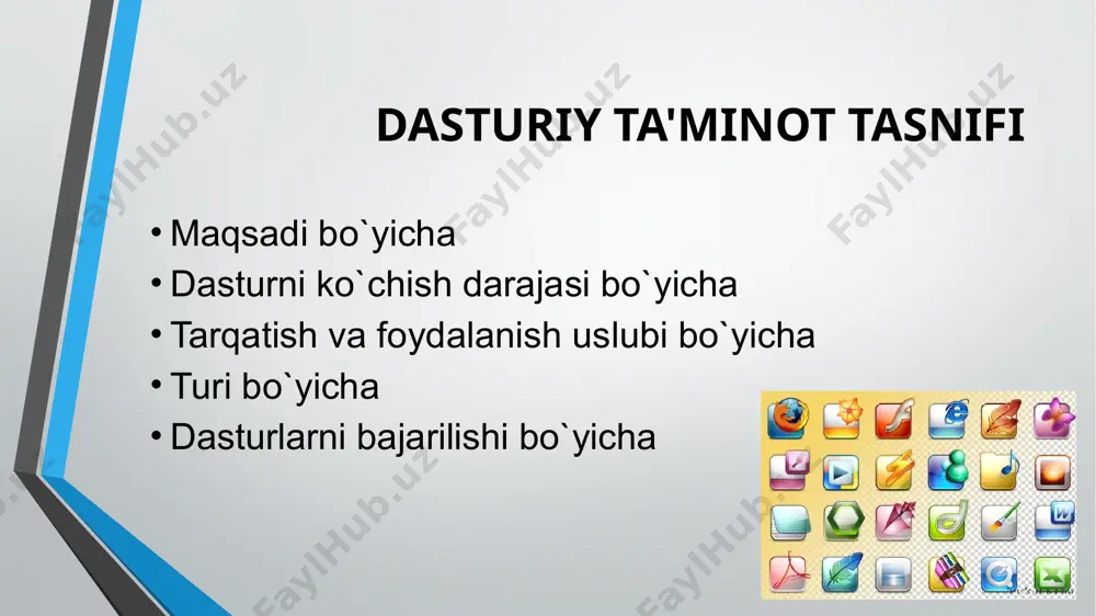 lumotlarni birlashtiradi, yani: matn, tovush, video ketma-ketliklar, animatsiya, statik tasvirlar va gipermatnlar. multimediya dasturlarini quyidagilarga ajratish mumkun: playerlar taqdimot va animatsion grafiklar ovoz va videolarni qayta ishlovchi dasturlar tarjima dasturlari ma’lumotlarni bitta tildan boshqasiga tarjima qilishga mo`ljallangan . so'zlarni tarjima qilish uchun lug'at dasturlari (abbyy lingvo) va to'liq matnlarni tarjima qilish uchun avtomatik tarjima dasturlari mavjud (promt) elektron lug'atlar va entsiklopediyalar - oddiy lug'atlar va entsiklopediyalarning elektron versiyasi, ko'pincha kerakli so'zlarni topish uchun qulay dastur. imlo xatolarni tekshirgichlar, sintaksis, tinish belgilari va matn uslubini boshqarish uchun mo'ljallangan. ushbu dasturlar sizga xatolarni topishga va ularni tuzatish yo'llarini taklif qilishga imkon beradi. bunday dasturning misoli microsoft office to'plamiga o'rnatilgan imlo tekshiruvchisi bo'lishi mumkin. matinlarni aniqlash (tanib olish) vositalari hujjatlarning bosma nusxalarini elektron shaklga avtomatik tarjima qilish uchun ishlatiladi. masalan, finereader dasturi. integrallashgan paketlar integratsiyalashgan paketlar - bu vazifalar kompleksini hal qilishga va paketdagi barcha dasturlar bilan foydalanuvchining o'zaro ta'sirining yagona usulini qo'llab-quvvatlashga …