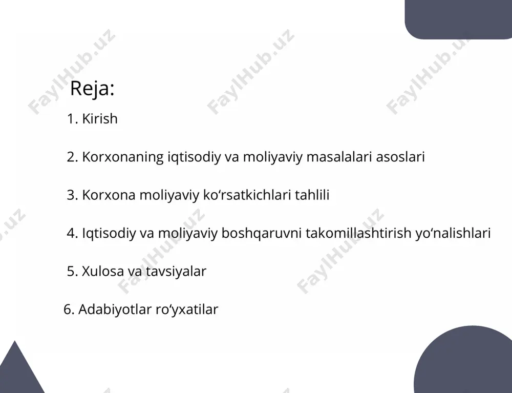 ing ishlab chiqarish samaradorligini baholash uchun: • ishlab chiqarilgan mahsulot hajmi: mahsulot turi bo‘yicha yillik o‘zgarishlar. • ishlab chiqarish quvvati: to‘liq quvvatdan foydalanish darajasi (%). • defekt mahsulot ulushi: umumiy ishlab chiqarishga nisbatan. statistikasi xulosa va takliflar 1 2 3 4 5 korxonaning iqtisodiy va moliyaviy holatini yaxshilash samaradorlikni oshirish, xarajatlarni kamaytirish moliyaviy rejalashtirish va xavflarni boshqarish innovatsiyalar va yangi texnologiyalar bozorga chiqish va kengayish strategiyasi ushbu tahlil natijalari va takliflar, korxonaning iqtisodiy va moliyaviy holatini yaxshilash, samaradorlikni oshirish, raqobatbardoshlikni kuchaytirish va barqaror rivojlanishni ta'minlashga qaratilgan. korxona rahbariyati tomonidan ushbu takliflarni qo‘llash va amalga oshirish muhimdir. keyingi qadamlar 1 2 3 4 taqdimot natijalarini muhokama qilish takliflarni amaliyotga tatbiq etish nazorat va tahlil qilish yaxshilanishlarni amalga oshirish ushbu tahlil natijalari va takliflar korxonaning iqtisodiy va moliyaviy barqarorligini ta'minlashga yordam beradi. keyingi qadamlar tahlil natijalarini muhokama qilish, takliflarni amalga oshirish, nazorat va tahlil qilish, shuningdek, yaxshilanishlarni amalga oshirishdan iborat. etiboring uchun …