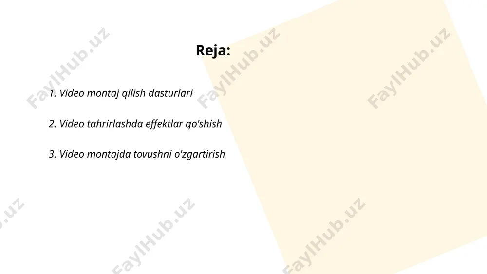 n foydalanish mumkin. tovushni kuchaytirish, balandlikni sozlash, shovqinni kamaytirish va effektlar qo'shish kabi vazifalar bajariladi. masalan, tovushni kuchaytirish uchun decibel (db) birligi ishlatiladi. shovqinni kamaytirish jarayonida 20 db yoki undan pastroq darajadagi shovqinlar olib tashlanishi mumkin. effektlar qo'shishda ekvalayzer bilan yuqori va past chastotalarni boshqarish muhim, bunda chastotalar hertz (hz) bilan o'lchanadi. ... t.me/slaydai_bot 4. animatsiya yaratish dasturlari animatsiya yaratish uchun ko'plab dasturlar mavjud. adobe after effects va blender eng ommabop dasturlardan biri hisoblanadi. blender - bepul va ochiq manbali dastur bo'lib, 3d animatsiyalar, grafikalar yaratishga mo'ljallangan. adobe after effects esa video va harakatli grafikalar yaratish uchun ishlatiladi, professional kino studiyalarida qo'llaniladi. toon boom harmony ikki o'lchamli animatsiyalar yaratishda keng qo'llanadi va studiyalar tomonidan afzal ko'riladi. anime studio va synfig studio ham animatsiya yaratishga mo'ljallangan dasturlar qatorida. natijaning sifatiga ko'ra dastur tanlashda ehtiyoj va tajribaga e'tibor qaratish muhim. ... t.me/slaydai_bot video tahrirlashda "kesish va ulash" jarayonlari montajning muhim qismlaridan biridir. …