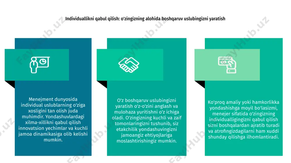 a'naviyatni va pirovardida kompaniya maqsadlariga erishishda muvaffaqiyatga olib keladi. moslashuvchanlik, hamkorlik va moslashuvchanlikni birinchi o'ringa qo'yadigan yangi boshqaruv uslublarini qabul qilish bugungi raqobatbardosh bozorda oldinda qolish uchun juda muhimdir. tashkilotlar qolipni buzish orqali doimiy muvaffaqiyatga erishishlari va raqobatchilardan ustun turishlari mumkin. e'tiboringiz uchun rahmat