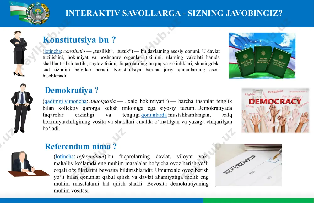da? konstitutsiyani yangilashga quyidagi ikki asosiy masala sabab bo‘lmoqda: 1) so‘nggi yillarda erishilgan yutuqlar va ularni konstitutsiyada muhrlab qo‘yish orqali ushbu yutuqlarni uzluksiz davom ettirish; 2) globallashuv jarayonidagi yangi tahdidlar va xatarlar, ularni bartaraf etish bo‘yicha mustahkam huquqiy asosni yaratish orqali milliy davlatchiligimiz kelajagini taʼminlash. erishilgan yutuqlarni izchil davom ettirish milliy davlatchiligimizni tashqi tahdid va xatarlardan himoya qilish huquqiy asos – yangi konstitutsiya nima uchun “yangi konstitutsiya” deb atalmoqda? – moddalar soni amaldagi 128 tadan – 155 taga ortmoqda; – normalar soni 275 tadan – 434 taga oshdi; – qonunimizning 65 foiz matni xalqimiz takliflari asosida yangilandi. 2. xalq konstitutsiyasi: mazmuni va mohiyati xalqimizning fikri, takliflari 2 bosqichda o‘rganildi, shundan so‘ng konstitutsiya loyihasi tayyorlandi: – birinchi bosqichda konstitutsiya loyihasini shakllantirish uchun odamlarimiz 60 mingdan ziyod takliflar berdi; – ikkinchi bosqichda konstitutsiya loyihasi umumxalq muhokamasiga qo‘yildi. (o‘zbekiston respublikasi konstitutsiyasiga oid referendum 30 aprel kuni bo‘lib o‘tadi. referendum 30 aprel, yakshanba kuniga …