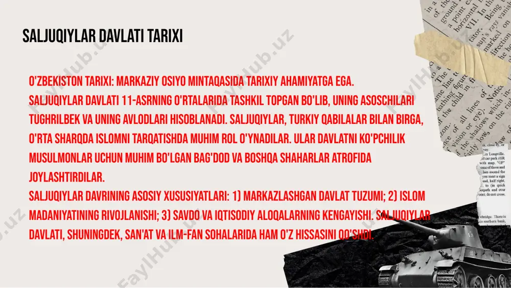 ga solishga harakat qildilar. ushbu o'zgarishlar jamiyatda adolat va tartibni ta'minlashga yordam berdi, shuningdek, huquqiy tartibning rivojlanishiga zamin yaratdi. saljuqiy qonunlari, ayniqsa, mulk, meros va shaxsiy huquqlar kabi masalalarda muhim ahamiyatga ega bo'ldi. photo by vinayak sharma on unsplash saljuqiylar davlati ta'siri zamonaviy dunyoda saljuqiylar davlati x asrning o‘rtalarida o‘z ta'sirini o‘rnatdi va u o‘sha davrda markaziy osiyoda muhim rol o‘ynadi. ular o‘zlarining siyosiy va madaniy tizimlari orqali ko‘plab xalqlarga ta'sir ko‘rsatdilar. bugungi kunda, saljuq merosi arxitektura, adabiyot va ijtimoiy tizimlarda ko‘rinadi. saljuqiylarning boy madaniyati va an'analari, shuningdek, ularning siyosiy boshqaruv tizimlari zamonaviy o‘zbekiston va boshqa mamlakatlarning ijtimoiy va siyosiy hayotida davom etmoqda. saljuqiylar davri madaniyati, jumladan, me'morchilik, adabiyot va ilm-fan sohalarida o'z ta'sirini ko'rsatmoqda. saljuqiylar merosi, shuningdek, zamonaviy ijtimoiy va siyosiy tizimlar uchun muhim ko'rsatkichlar sifatida xizmat qiladi. saljuqiylar merosining zamonaviy ijtimoiy hayotga ta'siri saljuq davlatining ijtimoiy tuzilishi jamiyatda muhim o‘rin tutgan. saljuq davrida tashkil etilgan ijtimoiy qatlamlar, masalan, …