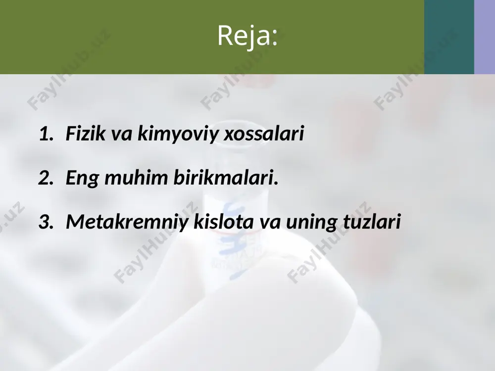 laboratoriya idishlari tayyorlanadi. metakremniy kislota va uning tuzlari. metakremniy kislota h2sio3 ikki negizli kuchsiz kislota bo‘lib, karbonat kislotadan ham kuchsizdir. shuning uchun karbonat kislota yoki karbonat angidrid uni tuzlari eritmasidan siqib chiqarishi mumkin: na2sio3+h2o+co2=na2co3+h2sio3↓ metakremniy kislota suvda erimaydi va gelsimon cho‘kma holida ajralib chiqadi. u faqat ishqorlarda eriydi va tuzlar hosil qiladi: 2naoh+h2sio3=na2sio3+2h2o qizdirilganda metakremniy kislota osonlik bilan suv va kremniy (iv)oksidga parchalanadi: h2sio3=sio2+h2o metakremniy kislota uning tuzlariga boshqa kislotalarni ta’sir ettirib olinadi. uning tuzlari silikatlar deb ataladi. faqat ishqoriy metallar silikatlari suvda eriydi. natriy va kaliy silikatlari (na2sio3 va k2sio3) eritmalari suyuq shisha deb ataladi. suyuq shisha kislotaga chidamli sement, beton, yelim, surtmalar tayyorlashda, gazlama va g‘ovak toshlarga singdirishda, qurilish ishlarida ishlatiladi. image2.jpg image3.jpeg image4.jpeg image5.jpeg image6.jpeg image7.jpeg image8.jpeg image9.gif image10.jpeg image11.jpeg image12.jpeg image13.jpeg image14.jpeg image15.jpeg image16.jpeg image17.jpeg image18.jpeg image19.jpeg image20.jpeg image21.jpeg image22.jpeg image23.jpeg image24.jpeg image25.jpeg image26.jpeg image27.jpeg image28.jpeg image29.jpeg image30.jpeg image31.jpeg image32.jpeg image33.png image34.jpeg image35.jpeg image1.jpg