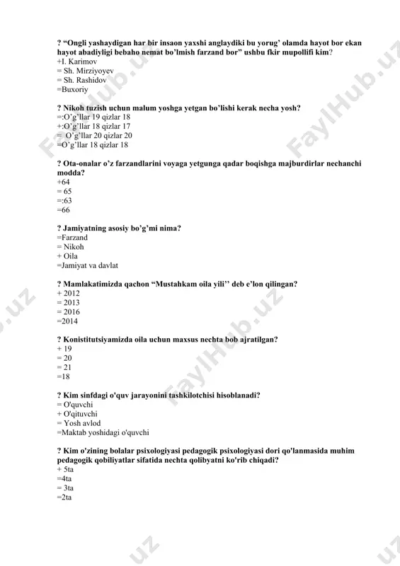 ishidir. ?yosh psixologiyasida keng qo‘llanuvchi quyidagi metodlardan qaysilari tashkiliy metodlar jumlasiga kiradi? +kuzatish va eksperiment, sotsiometriya; =komleks, longityud, taqqoslash; =sotsiometriya va faoliyat mahsulini o‘rganish; =uzunasiga va ko‘ndalangiga kesim. ?yosh psixologiyasining asosiy metodlari qaysilar? =anketa, test; +kuzatish, eksperiment; =longityud, ko‘ndalangiga kesim; =sotsiometriya, suhbat. ?yosh psixologiyasining yordamchi metodlari qaysilar? =test, anketa, kuzatish, sotsiometriya, faoliyat natijalarini o'rganish; =test, anketa, suhbat, eksperiment, faoliyat natijalarini o‘rganish; +test, anketa, suhbat, sotsiometriya, faoliyat natijalarini o‘iganish; =test, anketa, korrelyatsiya, sotsiometriya, faoliyat natijalarini o‘rganish. ?b.g. ananyev psixologiya metodlarini qanday guruhlarga bo‘lgan? +tashkiliy, empirik, ma’lumotlarni qayta ishlash, sharhlash metodlari; =intellektual, korreksion, ma’lumotlarni qayta ishlash, sharhlash metodlari; =test, anketa, korrelyatsiya, sotsiometriya, faoliyat natijalarini o‘rganish metodlari; =proyektiv, diagnostik, ma’lumotlarni qayta ishlash, sharhlash metodlari ?psixologik-pedagogik eksperiment quyidagi qismlardan iborat. =pilotaj, longityud eksperimentlar; =laboratoriya, tabiiy eksperiment; +aniqlovchi, shakllantiruvchi, nazorat eksperimentlari; =ta’kidlovchi, tasdiqlovchi, tormozlovchi eksperimentlar. ?yosh psixologiyasi alohida predmet sifatida qaysi davrda vujudga kelgan? =xx asrning boshlarida; +xix asrning boshlarida; =xiv asrning boshlarida; =xix asrning …