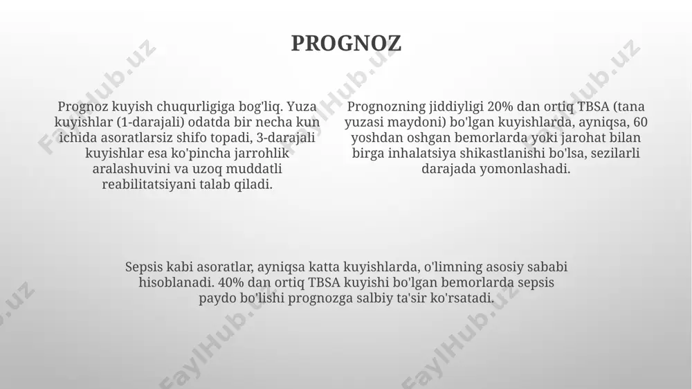 h xavfini kamaytirish uchun hammom suvining haroratini qo'l bilan tekshiring. bolalarda kuyishlar bolalarda termik kuyishlarning 60-70% gacha uylar sharoitida sodir bo'ladi, asosan issiq suyuqliklar (masalan, choy yoki sho'rva) sababli 1- va 2-darajali kuyishlar kuzatiladi. elektr toki urishi oqibatida bolalarda kuyishlar kamroq uchraydi (taxminan 5%), ammo ular yuqori kuchlanishli bo'lishi va ichki organlarning shikastlanishiga sabab bo'lishi mumkin, 3-darajali kuyish holatlari ro'y beradi. kimyoviy kuyishlar bolalarda barcha kuyishlarning taxminan 2-3% ni tashkil qiladi. aksariyat hollarda maishiy kimyoviy moddalar (masalan, yuvish vositalari) sabab bo'ladi, ph darajasi 12 dan yuqori moddalar xavfli. shifoxonaga yetkazish kuygan bemorlarni transportirovka qilishda "abc" (nafas yo'llari, nafas olish, qon aylanishi) stabil holatda bo'lishi kerak. zarurat tug'ilsa, 100% kislorodli intubatsiya va iv suyuqliklar 20 ml/kg tezlikda yuborilishi mumkin. shifoxonaga yetkazish transportirovka paytida, kuyish maydoni 20% dan yuqori bo'lgan bemorlar uchun steril bog'lam bilan o'ralgan holda, gipotermiyani oldini olish muhim. tana haroratini 36 daraja selsiyda ushlab turish lozim. kuyish darajalari kuyish …