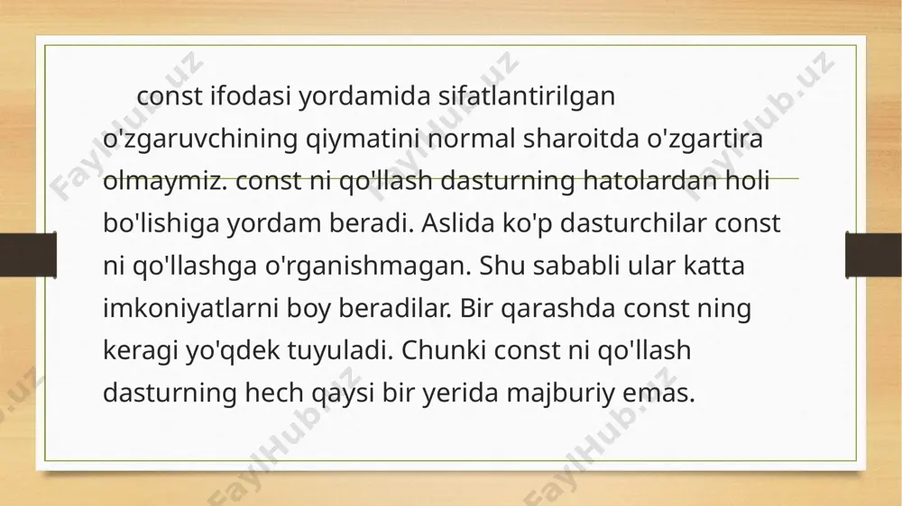 yоtgan adresni o'zgartirish ta'qiqlanadi. masalan massiv ismi ham const pointerdir. va u ko'rsatayatgan massiv birinchi elementi-ni o'zgartirishimiz mumkin. endi uchinchi holda pointerimiz oddiy, lekin u ko'rsatayatgan o'zgaruvchi himoyalangandir. va nihoyat, to'rtinchi variantda eng yuqori darajadagi o'zgaruvchi himoyasita'minlanadi. yuqoridagi tushunchalarga misol berib o'taylik. // const ifodasi va pointerlar # include # include int countdigits(const char *); // oddiy pointer va const o'zgaruvchi void changetolowercase(char *); // oddiy pointer va oddiy o'zgaruvchi int main() { char m[] = "sizni 2006 yil bilan tabriklaymiz!"; char n[] = "toshkent shahri..."; cout kutubhona funksiyasi k++; } return (k); } void changetolowercase(char *pc) { // katta harflarni kichik harflarga // almashtiruvchi funksiya while( *pc != '\0'){ // satrlarni elementma-element // ko'rib chiqishning ikkinchi yo'li. *pc = tolower( *pc ); // kutubhona funksiyasi ++pc; // pc keyingi harfga siljitildi } return; } yuqoridagi dasturda ikki funksiya aniqlangan. change tolowercase()funksiyasining parametri juda oddiydir. oddiy char tipidagi pointer. ushbu …