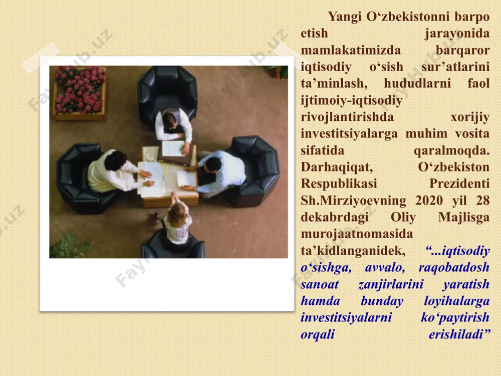 lan aholini ijtimoiy turmush tarzini oshirishga qaratilgan chora-tadbirlarni amaliyotga tadbiq etib borayotganligidan dalolat beradi. bunday islohotlarni amalga oshirilishi natijasida 2017 yilda qishloq xo‘jaligida ishlab chiqarilgan mahsulot hajmi 47849,4 mlrd. so‘mni yoki 2016 yilning shu davriga nisbatan 106,8 foizni tashkil qildi, jumladan, dehqonchilik mahsulotlari - 18452,5 mlrd. so‘mni (106,4 foiz), chorvachilik mahsulotlari - 12396,9 mlrd. so‘mni (107,4 foiz) tashkil etdi. 10.2. hududlarning geografik joylashuvi iqtisodiy o‘sishga ta’siri investitsiyalarni jalb qilish bo‘yicha qashqadaryo viloyati o‘zbekiston respublikasida eng etakchilardan biri bo‘lishiga qaramay, investitsiyalar ulushida yoqilg‘i-energetika majmuasining ulushi yuqoriligicha saqlanib qolmoqda. hududiy loyihalarni amalga oshirish va ushbu loyihalarga to‘g‘ridan-to‘g‘ri xorijiy investitsiyalarni jalb qilish bo‘yicha qashqadaryo viloyati o‘zbekiston respublikasida quyi o‘rinlarda bormoqda. shundan kelib chiqqan holda, qashqadaryo viloyati hududlaridagi xorijiy investitsiyalarning rag‘batlantiruvchi va to‘siq bo‘layotgan omillarini tadqiq etish, hududlarning iqtisodiy “o‘sish nuqta”larini belgilab beruvchi sohalarning ustuvorligini aniqlash hamda xorijiy investitsiyalarni jalb qilish samaradorligini oshirish mexanizmlarini ishlab chiqish masalalari bo‘yicha taklif hamda amaliy tavsiyalar ishlab chiqish …