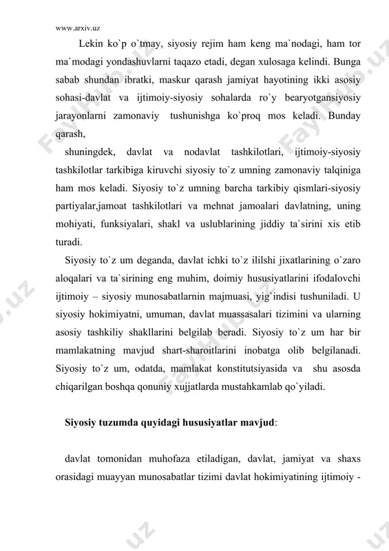 sh usul va uslublari, shakllarining majmui bo`lib, mamlakatdagi siyosiy vaziyatni, ya`ni jamiyatdagi siyosiy erkinlik darajasini va shaxsning huquqiy holatini bildiradi. yuqoridagi berilgan fikr va muloxazalar, ta`riflardan siyosiy rejimning huququiy belgilarini keltirib chiqaramiz. siyosiy rejimning huquqiy belgilari quyidagilardan iborat: davlat shakllaridan biri ekanligi; davlat funksiyalari bilan bevosita bog`liqligi; davlat funksiyalarini amalga oshirish shakl va usullarini belgilab berish; jamiyat va davlatni boshqarishda halq ishtiroki darajasini belgilab berish. nodemokratik rejimga xos xususiyat shundaki, bunday rejimda davlat idoralari hokimiyatni amalga oshirish chog`ida demokratik prinsiplar va qoidalarga rioya etmaydilar, ularni doimo yoki tez – tezda bo`z adilar. bunday siyosiy rejimda fuqarolarning huquq va erkinliklari paymol etiladi, qo`pol ravishda bo`z iladi, muholifat bartaraf etiladi, ba`zida esa parlament singari siyosiy institutlar bartaraf etiladi. nodemokratik rejimlarning o`ziga xos umumiy belgilari: davlatning huquqdan ustunlig; davlatning jamiyat xayoti barcha sohalarini nazorat qilishi; davlatning shasx manfaatlariga befarqligi; jamoat tashkilotlarining davlatlashtirilganligi; ijtimoiy xayotning butunlay harbiylashtirilganligi; kam sonli millat vakillariga e`tibor berilmasligi; barcha …