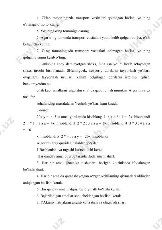 o‘lishi esa mumkin emas. endi 6-talabni buzib ko‘raylik. 1. hisoblansin ; 1 := i hisoblansin ; 1 : + = i i 3. 1-ga o‘tilsin. bu holda qurilgan algoritm «cheksiz algoritm» bo‘lib qoladi, yani uni «ijrochi» hech qachon tugata olmaydi. algoritmlarning berilish usullari algoritmlar uch hil usulda qurilishi mumkin. a) algoritmni so‘zlar orqali qurish. bunda algoritmning har bir buyruq-amali ijrochiga tushunarli bo‘lgan so‘zlar orqali ifodalanadi. 1-misol: ab kesmani teng ikkiga bo‘lish algoritmi. 1. boshlansin. sirkulning bir uchi a nuqtaga qo‘yilsin. 3. radiusi ab bo‘lgan aylana chizilsin. 4. tsirkulning uchini v nuqtaga quyilsin. 5. radiusi ba bo‘lgan aylana chizilsin. 6. aylanalarning kesishish nuqtalarini cd kesma bilan birlashtirilsin. 7. cd va ab kesmalarning kesishish nuqtasi m ni belgilansin. 8. m nuqtani izlangan nuqta deb hisoblansin. 9. ishni tugatilsin. b) matematik formulalar usuli. bu usulda algoritmning har bir amali matematik formulalar yordamida hosil qilinadi. algoritm amallarini ifodalashda oddiy matematik yozuvlardan foydalanish mumkin. 2-misol: …