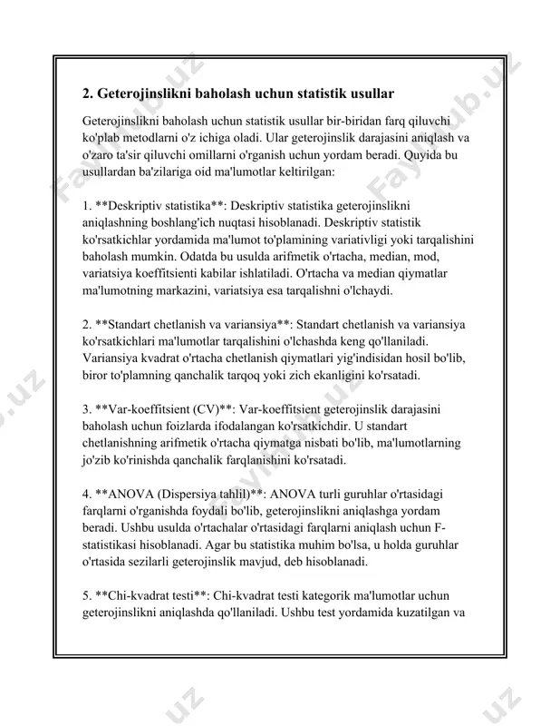 i iqtisodiy sharoitlarning o'zgaruvchanligini o'z ichiga oladi. psixologik tadqiqotlarda esa, geterojinslik odatda individual farqlar epistemologiyasiga bog'liq, masalan, shaxsiy xususiyatlar, tajribalar yoki bilimlar darajasi. tadqiqotda geterojinslikni hisobga olishning bir necha muhim sabablari bor. avvalo, geterojinslik eksperiment natijalarining ichki ishonchliligini oshirishga yordam beradi. masalan, agar tadqiqot bitta kichik va birxil guruhga asoslangan bo'lsa, unda natijalar umumiy populyatsiya uchun mos bo'lmasligi mumkin. shu sababli, eksperimentatorlar o'z tadqiqotlariga kengroq va xilma-xil ishtirokchilarni kiritish orqali geterojinslikni ta'minlashga intilishadi. eksperimental tadqiqotlarda geterojinslikni hisobga olishning yana bir sababi uning natijalar umumlashuviga ta'sir qilishi bilan bog'liq. agar tadqiqot ishtirokchilarining xilma-xilligi etarli darajada to'liq aks ettirilmasa, bu eksperiment natijalarini boshqa kontekstlarga to'g'ri qo'llash qiyin bo'lishi mumkin. masalan, faqat erkak ishtirokchilar o'rtasida olib borilgan bir tadqiqotning natijalari ayollarga nisbatan xulosa chiqarishda kutilmagan muammolarni keltirib chiqarishi mumkin. geterojinslikni statistika yordamida o'lchash va tahlil qilish imkoniyatlari mavjud. statistika tamoyili sifatida, variatsiya (o'zgaruvchanlik) ko'pincha geterojinslik darajasini ko'rsatadi. tadqiqot natijasidagi variatsiyani o'lchash orqali olimlar, …