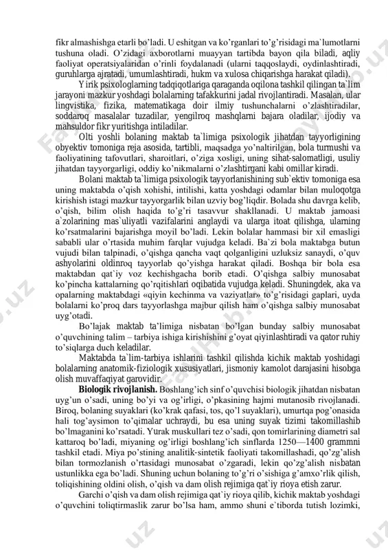i bu axborotlarni o’zlashtirib kelgan bo’l-sa, endi o’z xohish-irodasi bilan zarur ma`lumotlar to’plashga, o’z oldiga aniq maqsad va vazifa qo’yishga harakat qiladi, bolaning ana shu faolligi xotirasining muayyan darajada rivojlanganini bildiradi. u she`r, hikoya va ertaklarni esda qoldirish uchun go’yo takrorlashi, yod olishning eng qulay yo’l va usullaridan foydalanishi ta`lim jarayonida unga juda qo’l keladi. birinchi sinf o’quvchisi ko’pincha yaqqol obrazli xotiraga suyanib bilish faoliyatini tashkil etsa ham, bu ish xotiraning boshqa turlarini inkor qilmaydi, aksincha, ta`lim so’z—mantiq xotirasini taqozo etadi. so’z—mantiq xotirasining mavjudligi ma`nosini tushunib esda olib qolish jarayonining samaradorligi ortishiga keng imkoniyat yaratadi. tajribadan ma`lumki, bola ma`nosiz so’zlardan ko’ra ma`nodor tushunchalarni birmuncha tez va mustahkam eslab qolish xususiyatiga ega. uning nutqi maktab ta`limiga tayyorgarlik bosqichida kattalar bilan muloqotga kirishish, kishilarning fikrini uqib olish va to’g’ri idrok qilish darajasida, nutqining tuzilishi esa grammatika qoidalariga mos, mantiqan izchil, ifodali, miqdor va ko’lam jihatdan fikr almashishga etarli bo’ladi. u eshitgan va …