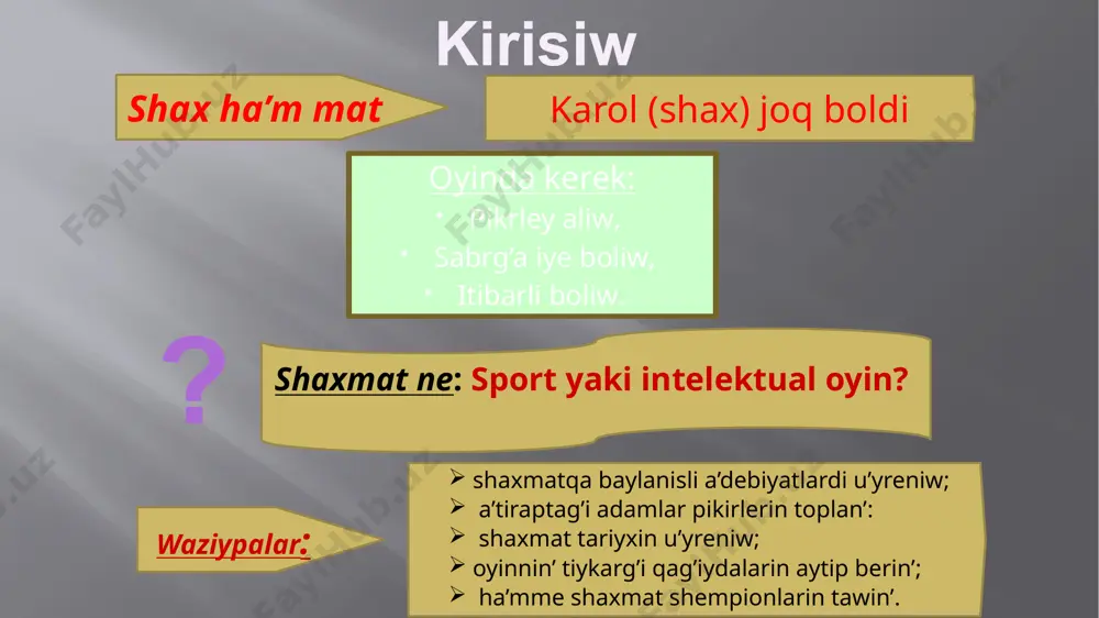 túrli xalıq aralıq jarıslardı shólkemlestiriw 1924 jıl 20 iyulda parijde sho’lkemlestirilgen óz bayraǵi hám gimni bar, fide uranı : «biz hámmemiz bir shańaraqpız » fide ma’xqetleri: bul milliy shaxmat federatsiyalarin birlestirgen xalıq aralıq sport shólkemi shaxmat boyınsha jáhán chempionlari shaxmatti ǵalabalastırıw : vilgelm shtaynits shaxmat boyınsha birinshi jáhán chempionı boldı taǵı : shaxmat taxtasi hár bir kletkanıń óz atı bar kletkalar etiketlanadi: gorizontal túrde latin háriplerinde a dan h ge shekem, vertikal túrde 1 den 8 ge shekem nomerlerde tómennen joqarıǵa. aq taslar oyındı baslaydı. háreketler gezek penen ámelge asıriladı, hár biri 1. hár bir bólektiń háreketi tómendegi diagrammalarda kórsetilgen. hár bir bólek óz háreket qaǵıydalarına iye. oyındıń tiykarǵı qaǵıydaları : shax háreketi xanzada háreketi at háreketi fil háreketi tuwra háreketi 10 oyındıń tiykarǵı qaǵıydaları : eger shax qadaǵalawda bolsa hám basqa háreketler bolmasa, bul mat bolıp tabıladı. eger oyınshı óz gezeginde háreketke iye bolmasa, lekin patsha qadaǵalawda bolmasa, bul …