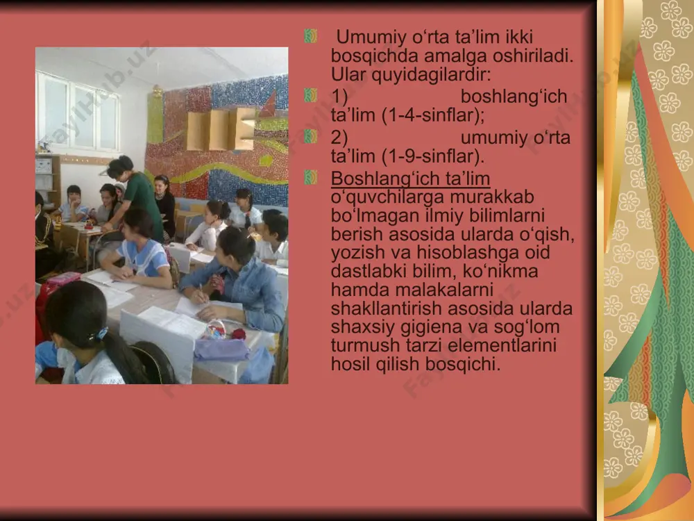 an tasdiqlangan namunadagi, kasb-hunar faoliyati bilan shug‘ullanish huquqini beradigan diplom topshiriladi. oliy o‘quv yurtidan keyingi ta’lim jamiyatning oliy malakali ilmiy va ilmiy-pedagog kadrlarga bo‘lgan ehtiyojlarini qondirish, shaxsning ijodiy ta’lim – kasb-hunar manfaatlarini qanoatlantirishga qaratilib, oliy o‘quv yurtlari va ilmiy-tadqiqot muassasalarida aspirantura, ad’yunktura va doktoranturada ta’lim olish, shuningdek, mustaqil tadqiqotchilik faoliyatini tashkil etish asosida amalga oshiriladigan ta’lim bosqichi. image6.jpeg image7.jpeg image3.png image4.png image5.png image8.jpeg image9.jpeg image10.jpeg image11.jpeg image12.jpeg image13.jpeg image1.wmf image2.png