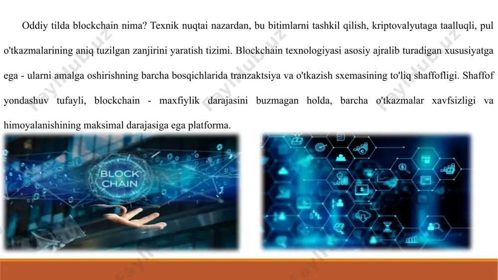 rib chiqadi. bu kalitlar tezda almashtiriladi. usul ko'p sonli serverlar, kompyuterlar, bankomatlar va boshqalarning ishlashini tashkil qilish uchun javob beradi. xulosa blockchain texnologiyasi dastlab ma'lumotlar bazasi darajasida xavfsizlik bilan qurilgan. blockchain kontseptsiyasi 2008 yilda satoshi nakamoto tomonidan taklif qilingan. bu birinchi marta 2009 yilda raqamli valyuta - bitcoin -ning tarkibiy qismi sifatida amalga oshirilgan, bu erda blockchain bitkoinlar bilan barcha operatsiyalar uchun asosiy umumiy hisob kitobi rolini o'ynaydi. blokcheyn texnologiyasi tufayli bitcoin hech qanday vakolatli organ yoki markaziy serverdan foydalanmasdan ikki barobar sarflash muammosini hal qilgan birinchi raqamli valyutaga aylandi (jismoniy tangalar yoki tokenlardan farqli o'laroq, elektron fayllar ikki marta ko'paytirilishi va sarflanishi mumkin). blockchain texnologiyasini ba'zida "qadriyatli internet" deb ham atashadi va biz bu yaxshi metafora deb o'ylaymiz e’tiboringiz uchun raxmat image2.jpeg image3.jpeg image4.jpeg image5.jpeg image6.jpeg image7.jpeg image8.jpeg /docprops/thumbnail.jpeg