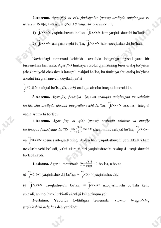 ,5); 5-misol. xosmas integralning yaqinlashuvchiligi tekshirilsin (((r). yechish. bu yerda (((-(;1), (=1 va (((1;() bo`lgan uch holni ajratamiz. 1) ((1 bo`lsin, u holda oxirgi limit ( 1 bo`lsa, , ya`ni, - xosmas integral uzoqlashuvchi. 2) , ya`ni xosmas integral uzoqlashuvchi ekan. demak, -xosmas integral ( restart; > with(plots): f:=x->8/(x^2+4): > plot({f(x)}, x=-6..6, y=0..2,color=red, style=line, thickness=2, title=`yuza`); > xi1:=int( a^3/(x^2+a^2), x=-infinity..infinity ); > a:=2:xi1; 7-misol. strofoida va uning asimptotasi bilan chegaralangan yuzani hisoblang. yechish. yuz elimenti: . izlanayotgan yuza qiymati uzlykli funktsiyadan olingan xosmas integralga teng: integralostidagi funktsiya x=2a nuqtada uzilishga ega. bu integralda x=2asin2t , dx=4a sint cost, a≤x≤2a dan π/4≤t≤ π/2 ga o`tib quyidagi yechimni topamiz: strofoida grafigini uning parametrik tenglamasi x=1+sinφ, y=(1+sinφ) sinφ/cosφ asosida quramiz: > with(plots): > plot([1*(1+sin(t)), 1*(1+sin(t))*sin(t)/cos(t), t=0..2*pi], 0..4, -4..4, color=blue,thickness=2,title=`strofoida`); > xi3:=2*int((x-a)*sqrt(x/(2*a-x)),x=a..2*a); shape \* mergeformat > value(%); shape \* mergeformat > a:=1:xi3; 8-misol. (x>1) egri chizuq cheksiz tarmog`ining ox o`qi atrofida aylanishdan hosil bolgan …