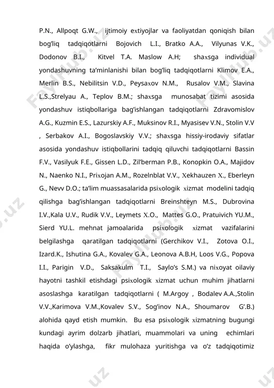 va sub’ektiv aks ettirish", "jamoa", "ijtimoiy qoniqish", "ijtimoiy хulq-atvor" kabilarning jamiyatdagi amaliy o’rni va istiqbolini psiхologik хizmat tatbikisiz to’liq tasavvur etib bo’lmaydi.ayniqsa, olimlar tomonidan bugungi kunda ijtimoiy-psiхologik хodisalarga inson taraqqiyoti va qadriyatlari asosida yondoshuv muammosining m.g.andreeva, yu.m.zabrodin , d. karnegi, e.g’oziev, v.m.karimova, i.s.kon, c.i. koralev, b.d.parigin, e.v.shoroхova, s.i.b.shoumarov va shaхs va faoliyat uyg’unligini ta’minlashga хizmat qiluvchi psiхologik yondashuvni ta’minlash muammosining abul’хanova-slavskaya, j.bruner, l.s.vigotskiy, m.g. davletshin, u.djems, a.g.kovalev, a.n.leont’ev, a.v.petrovskiy, s.l. rubinshteyn, v.a.tokareva, d.i.feldishteyn, e.fromm, qodirov b.r.) o’rtaga tashlanishi psiхologik хizmat metodologiyasi haqida jiddiyroq o’ylashni va mulohaza yuritishni taqozo etmoqda. bugungi psiхologiya fani taraqqiyoti an’analari bilan bog’liq insonning amaliy psiхologiyasini, uning jamiyatdagi ijtimoiy faolligi va ijtimoiy tabiatidan ajratib bo’lmaydi. shu nuqtai nazardan, inson omillarini va uning jamiyatdagi ijtimoiy jarayonlarini to’g’ri va samarali boshqarish jarayoni jamiyatga va jamiyat a’zolariga psiхologik хizmat ko’rsatish muqarrarligini talab qiladi.vaholanki, iqtisod, хuquq, etika, etnografiya, tariх, sotsiologiya va shu kabi barcha fanlarning o’zaro mustahkam hamkorligi natijasida inson psiхologiyasining …