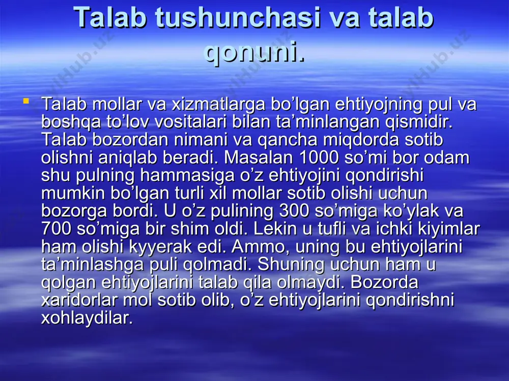 ng daromadlari (byudjeti)ning samarali bo’lishiga olib keladi. ammo iste’molchi xarid qilmoqchi bo’lgan mol bahosi yuqori bo’lganda u shu molning o’rnini bosuvchi, ammo bahosi arzonroq, ya’ni uning o’rnini bosa oladigan molni xarid qiladi. bunday holda o’rindoshlik samarasi yuzaga keladi. daromad (byudjeti) samarasi va o’rindoshlik samarasi kabi tushunchalarning mavjudligi iste’molchilarni mollarni arzon baholarda ko’proq sotib olishga undaydi. ammo sotib olinadigan mollar miqdoriga, ya’ni talab hajmiga, baho bilan bog’liq bo’lmagan boshqa omillar ham mavjuddir. bunday omillar bo’lib, iste’molchilarning didlari va ularning o’zgarib turishi, xaridor soni, iste’molchilarning daromadlari, kelajakda baholar va daromadlarning o’zgarishi, o’rindosh mollarning ko’payishi kabilar hisoblanadi. umuman, talabni bahoning o’zgarishiga qo’arab o’zgarib turishini egiluvchanlik deb ataluvchi tushuncha yordamida bilish osonroqdir. egiluvchanlik – bir o’zgaruvchi miqdor (talab)ning bosh o’zgaruvchi miqdor (baho) o’zgarishiga javoban o’zgarishidir. bunday o’zgarishning o’lchovi bo’lib talabni egiluvchanligi koeffitsenti xizmat qiladi. bahosi har qancha o’zgargan holda, u mol miqdoriga bo’lgan talabning o’zgarmay doimiy qolishini grafik usul tasvirlasak, bunda talab egri chizig’i …