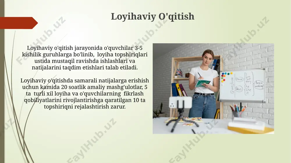 iy xarita" va "klaster" kabi zamonaviy texnologiyalar yordamida o'quvchilarning mustaqil fikrlash qobiliyatini rivojlantirish va murakkab mavzularni 3-4 marta tezroq tushunish imkoniyati yaratiladi. pedagogning innovatsion faoliyatining mohiyati innovatsion faoliyatning samaradorligi, o‘quvchilarning bilim olish darajasining 15% ga oshishi va ularning faol ishtirok etish darajasining 20% ga yuksalishi orqali baholanadi. pedagogik innovatsiyalar, o‘qituvchilarning kamida 30% ini yangi pedagogik texnologiyalarni qo‘llashga jalb qilish orqali o‘quv jarayonini modernizatsiya qilishni nazarda tutadi. ijodiy yondashuvlar “ijodiy yondashuvlar” metodologiyasini qoʻllagan pedagoglar oʻquvchilarning 70% dan ortigʻida bilimlarni egallash darajasining oshganini kuzatadilar. ijodkor pedagoglar oʻquv jarayoniga kamida 3 ta yangi texnologiya yoki dasturni joriy qilib, oʻquvchilarning faol ishtirokini taʼminlaydilar. samarali hamkorlik “samarali hamkorlik” metodikasi 5 dan ortiq pedagoglarning birgalikdagi loyihalar ustida ishlashini, o'quv jarayonini 30% ga samaradorligini oshirishini ko'rsatadi. “samarali hamkorlik” strategiyasiga asoslangan 4 ta asosiy bosqichli dars rejasi, o'quvchilarning faol ishtirokini ta'minlaydi va bilim egallash darajasini 25% ga yuqorilatadi. interaktiv o'qitish metodlari o'yinlashtirish elementlaridan foydalanish, virtual va kengaytirilgan reallik …