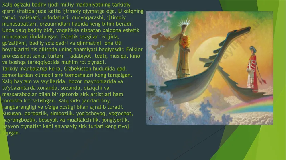 b kosasimon sharafalsh) bilan bezatilgan. tekis yuzali devorlar ham zanjira — rutalar bilan boʻlinmalarga taqsimlangan. ular ichiga nihollari hamma tomonga yoyilgan, gullari qiygʻos ochilgan rangbarang guldastalar ishlangan. samarqand turar joylari ham darun va berun (ichki va tashqi) hovlilardan tashkil topgan. samarqandda ikkinchi qavatdagi ayvonlar koʻchaga qaratilgan holda ham uchraydi. xona ayvon yoki dahliz bilan „g“ harfi shaklida, uzunasiga, yonmayon tarhda birlashib, turli boy mujassamotlar tashkil qilgan. mehmonxona koʻproq tashqi hovlida boʻlib, boy badiiy bezakka ega boʻlgan. xona toʻridagi devor uch boʻlinmaga ajralib, koʻpincha oʻrtada tokchaband, ikki yonida oʻrinkoʻrpa uchun taxmon joylashtirilgan. xona yon devorlarida kattakatta tokchalar toq sonda oʻrnatilgan. hovliga qaragan devorda xona kattaligiga qarab ikki yoki uchta darcha nazarda tutilgan. ular serhasham oʻymakori bagʻdodi eshiklar bilan hovli tomondan toʻsib qoʻyilgan. darchalar oraligʻida kattakatta tokcha boʻlinmalari mavjud. xona shifti koʻpincha kabza uslubida boʻlib, vassa va toʻsinlar rangbarang oʻsimliksimon naqshlar bilan toʻdsirilgan. xiva turar joylarida hovli kichikroq boʻlib, asosiy qismi katta …