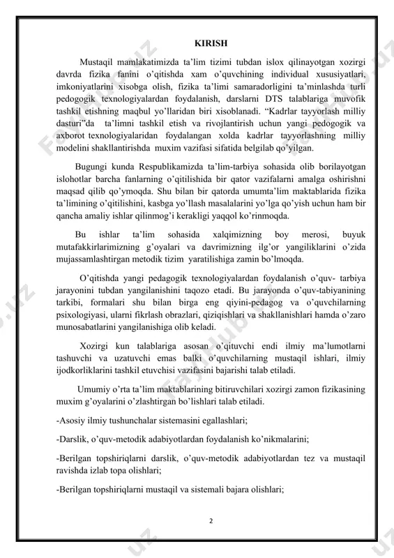 ng boy merosi, buyuk mutafakkirlarimizning g’oyalari va davrimizning ilg’or yangiliklarini o’zida mujassamlashtirgan metodik tizim yaratilishiga zamin bo’lmoqda. o’qitishda yangi pedagogik texnologiyalardan foydalanish o’quv- tarbiya jarayonini tubdan yangilanishini taqozo etadi. bu jarayonda o’quv-tabiyanining tarkibi, formalari shu bilan birga eng qiyini-pedagog va o’quvchilarning psixologiyasi, ularni fikrlash obrazlari, qiziqishlari va shakllanishlari hamda o’zaro munosabatlarini yangilanishiga olib keladi. xozirgi kun talablariga asosan o’qituvchi endi ilmiy ma’lumotlarni tashuvchi va uzatuvchi emas balki o’quvchilarning mustaqil ishlari, ilmiy ijodkorliklarini tashkil etuvchisi vazifasini bajarishi talab etiladi. umumiy o’rta ta’lim maktablarining bitiruvchilari xozirgi zamon fizikasining muxim g’oyalarini o’zlashtirgan bo’lishlari talab etiladi. -asosiy ilmiy tushunchalar sistemasini egallashlari; -darslik, o’quv-metodik adabiyotlardan foydalanish ko’nikmalarini; -berilgan topshiriqlarni darslik, o’quv-metodik adabiyotlardan tez va mustaqil ravishda izlab topa olishlari; -berilgan topshiriqlarni mustaqil va sistemali bajara olishlari; -o’rgangan bilimlarini unumli va ijodiy tadbiq etish ko’nikmalariga ega bo’lishlari kabilarni ko’rsatish mumkin. bir qator o’quv metodik adabiyotlarda o’quvchilarda xozirgi zamon fizikasining muxim g’oyalarini shakllantirishda o’qitishning interfaol usullaridan foydalanish …