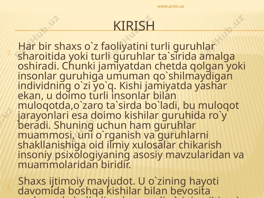 iya metodi ob`ektiv va aniq malumotlar, ya`ni shaxsning guruh yoki jamoadagi real holatini aks ettiruvchi ma`lumotlar olishga imkon beradi va amaliy maqsadlarda foydalanishi mumkin. www.arxiv.uz asosiy adabiyotlar: 1. v. m. karimova ijtimoiy psixologiya asoslari. t: o`qituvchi nashriyoti 1994. 2. andreeva g. m. aktualnie problemi sotsialnoy psixologii. m. iz. mgu. 1998 3. sotsialnaya psixologiya: uchebnoe posobie dlya studentov ped institutov. (a. v. petrovskiy, v. v. abramenkova, m. ye. zelenova i dr. pod. red a. v. petrovskogo m. prosveshenie, 1987 4. sotsialnaya psixologiya: istoriya, teoriya, empiricheskie isledovaniya. por red ye. s. kuzmina, v. ye. semenova l. g. u. 1979 www.arxiv.uz image3.png