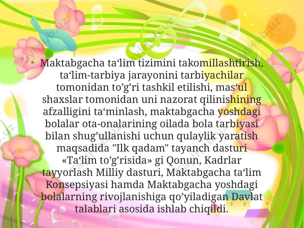 m-tarbiya berishning qaysidir vazifasi hal etib boriladi. musiqa rahbari ushbu ishda rahbarlik qiladi, to‘g‘ri yo‘l ko‘rsatib, maslahat va tavsiyalarini berib boradi. foydalanilgan adabiyotlar ro’yxati: 1. g.sharipova.g'.najmekdinov musiqa o'qitish metodikasi praktikumi 2. apraksina.o.a.maktablarda musiqiy tarbiya metodikasi 3. d.soipova musiqadan o'qitish nazariyasi va metodikasi 4. m.s. muxiddinova —maktabgacha ta'lim tashkilotlarida axborot- kompyuter texnologiyalarini musitsa tarbiyasi vositasi sifatida tsullashning xususiyatlari 2020 yil 5. sh.r.mahkamova —imkoniyati cheklangan bolalar va xar tomonlama etuk avlodni tarbiyalashda musitsaning urni2020 6.m.a.asadullaeva —yoshlarni ma'naviy tarbiyalashda tsushitschilik san'atining tutgan urni 2020 yil image5.png image6.png image7.png image8.png image9.png image10.png image11.png image12.png image13.png image14.png image15.png image16.png image3.png image4.png /docprops/thumbnail.jpeg