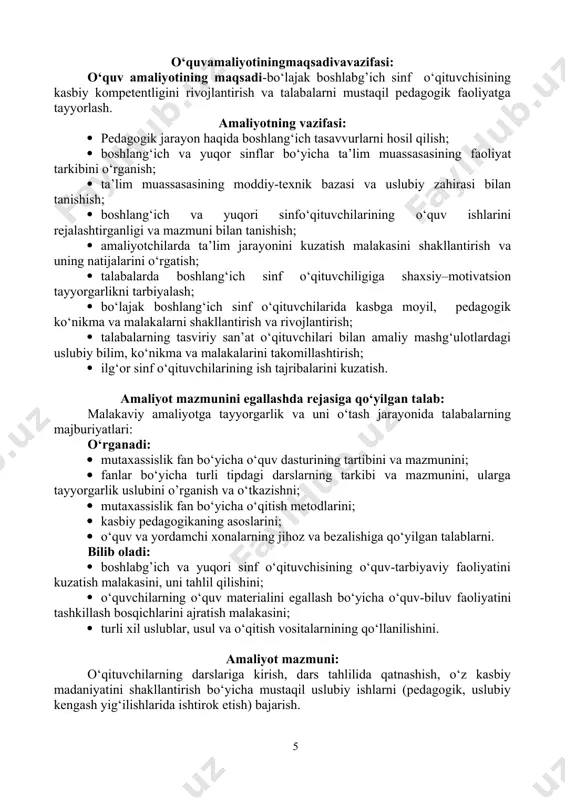 nishish, biriktirilgan sinf haqida ma’lumotlar tayyorlash 1 4 fan ishchi dasturi va ma’naviy-ma’rifiy ishlar rejasini ko‘chirish, muhokama qilish, tasdiqlash. kundalik pedagogik-psixologik va metodik kuzatish daftarini yozish, ish hujjatlarini metodist rahbarlarga tasdiqlatish 2 7 1 boshlang’ch sinf o’qituvchilariningdarslariga dars turlari bo‘yicha kirish, fan dasturiga muvofiq dars o‘tish uslubini o‘rganish va darsni tahlil qilish 2 2 boshlang’ch sinf o’qituvchilariningdarslariga dars turlari bo‘yicha kirish, fan dasturiga muvofiq dars o‘tish uslubini o‘rganish va darsni tahlil qilish 2 3 sinf rahbari ish hujjatlari bilan tanishish (dars islanmasi, ma’naviv-ma’rifiy tadbirlar rejasi) 2 4 o‘quvchi shaxsi va sinf jamoasini o‘rganish. kundalik pedagogik-psixologik va metodik kuzatish daftarini yozish, ish hujjatlarini metodist rahbarlarga tasdiqlatish 1 7 1 boshlang’ch va yuqori sinf o’qituvchilariningdarslariga dars turlari bo‘yicha kirish, fan dasturiga muvofiq dars o‘tish uslubini o‘rganish va darsni tahlil qilish 2 2 boshlang’ch sinf o’qituvchilariningdars turlari bo‘yicha kirish, fan dasturiga muvofiq dars o‘tish uslubini o‘rganish va darsni tahlil qilish 2 3 fan …