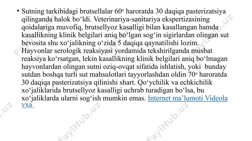 veterinariya dasturlari asosida nazorat qilib turiladi. klinikasi aniq bo‘lmagan mastit kasalligiga (subklinik) diagnoz qo‘yish uchun dimastin, mastidin namunalari qo‘llaniladi. dimastin namunasi ishni bajarish uchun kerakli bo‘lgan asboblar va reaktivlar: 4 ta chuqurchali sut plastinkasi, 1 millimetrli pipetkalar, shisha tayoqcha, 5 foizli distillangan suvda tayyorlangan dimastin eritmasi, 1 ml.ga mo‘ljallangan pipetka-avtomat. aniqlash tartibi maxsus chuqurchali sut plastinkasi olinib, sut bezining har qaysi bo‘lmalaridan 1 millilitrdan sut sog‘ib olinadi (namuna oxirgi porsiya sutdan olinadi) va uning ustiga 1 millilitrdan 5 foizli dimastin eritmasi qo‘shiladi. so‘ngra har qaysi chuqurchadagi sut bilan dimastin, shisha tayoqcha bilan aralashtiriladi. agar mastit bilan kasallangan sut olingan bo‘lsa, cho‘ziluvchan quyqa hosil bo‘ladi va aralashmaning rangi qizil tusga bo‘yaladi. mastidin namunasi bu namuna ham xuddi dimastin namunasi qabi bajariladi. reaksiyaning natijasi sut bilan mastidin qo‘shilgandan keyin hosil bo‘ladigan aralashmaning quyuqlashishi asosida baholanadi. agar musbat reaksiya bo‘lsa, aralashma tovuq tuxumi oqsili singari quyuqlashadi va rangi binafsha tusga kiradi. reaksiya manfiy …
