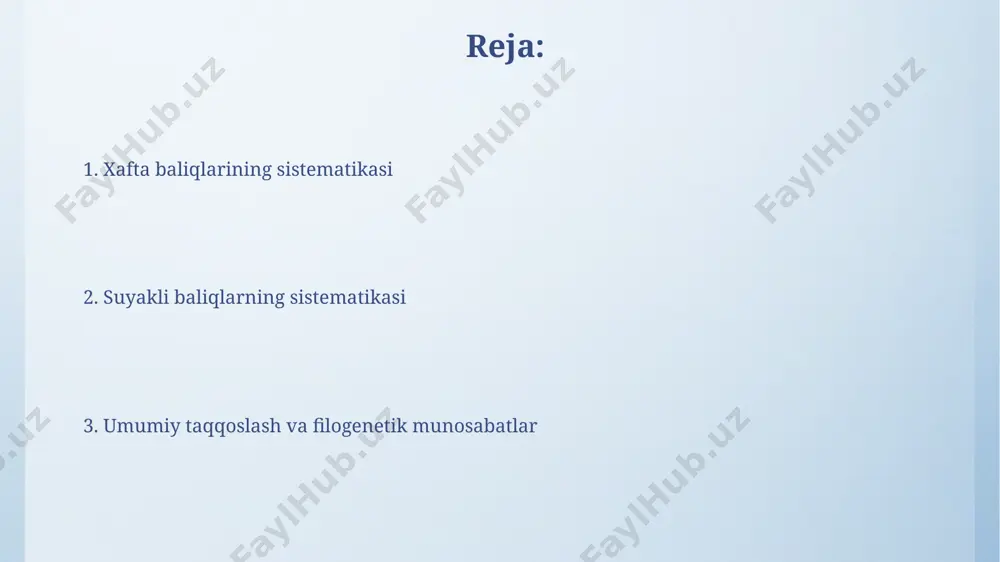 superqit’asining parchalanishi davrida katta geografiya taqsimotini aks ettiradi. molekulyar sistematika митохондриал днкнинг цитохром b генининг таҳлили, 200 га яқин сув ҳайвонотлари, жумладан, шимолий американинг йирик кўлларидан олинган намуналарда, турларнинг генетик хилма-хиллигини аниқлашда самарали бўлган. молекуляр филогенетик тадқиқотларда 16s рибосомал рнк генларининг таҳлили, 100 дан ортиқ балиқ турларини ўрганишда, уларнинг эволюциявий алоқаларини аниқлашда муҳим роль ўйнаган. xafta baliqlari sistematikasi xafta baliqlari (chondrichthyes) sinfiga 800 ga yaqin tur kiradi va ularning aksariyati okeanlarning 200 metrgacha chuqurliklarida, masalan, tinch okeanida, yashaydilar. xafta baliqlarining ikkita asosiy guruhi mavjud: selachii (akuolalar va skatlar) va holocephali (ximeralar), ularning morfologiyasi va yashash joylari bilan farq qiladi. xafta va suyakli baliqlarning umumiy xususiyatlari xafta va suyakli baliqlarning ikkalasi ham suvda yashaydi, 350 milliondan ortiq yil oldin paydo bo'lgan va dunyoning barcha okeanlari, dengizlari va ko'llarida, hattoki orol dengizi kabi quruqlashgan suv havzalarining qoldiqlarida ham uchraydi. xafta baliqlari, masalan, акулалар, skeleti xaftadan iborat bo'lsa, suyakli baliqlarning, masalan, tilovialarning, skeleti …