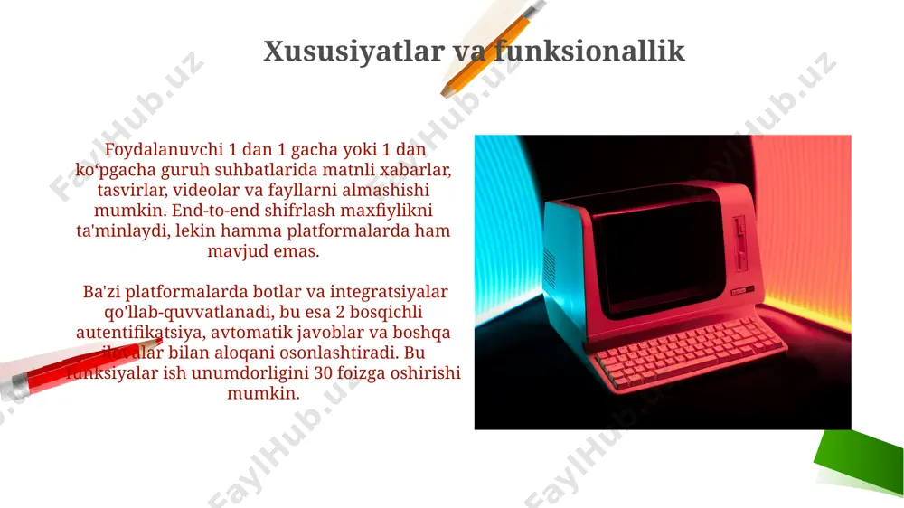 kompaniyalarda. korporativ foydalanish uchun vositalar korporativ foydalanish uchun vositalar zamonaviy vositalar 128-bitli shifrlash kabi xavfsizlik protokollarini taqdim etadi, bu korporativ ma'lumotlar himoyasining muhim talabidir va gdpr kabi qoidalarga rioya etishga yordam beradi. maxfiylik masalalari maxfiylik masalalari ko'pgina bepul im ilovalari end-to-end shifrlashni standart sifatida taqdim etmaydi, ya'ni sizning xabarlaringiz serverlarda shifrlanmagan holda saqlanishi mumkin va uchinchi tomonlar tomonidan o'qilishi ehtimoli 95% gacha. tezkor xabar almashishning evolyutsiyasi mobil tezkor xabar almashish, whatsapp (2009) kabi ilovalar bilan rivojlanib, raqamni asos qilib, mms kabi funksiyalarni o'z ichiga oladi va 2 milliarddan ortiq faol foydalanuvchiga ega. 1990-yillarning oxirida va 2000-yillarning boshlarida aim va msn messenger kabi platformalar kengaytirildi, fayl almashish va 128 bitli shifrlash kabi funksiyalarni taqdim etdi. e'tiboringiz uchun rahmat @taqdimot_robot image2.png image1.png image5.jpg image6.jpg image7.jpg image8.jpg image9.jpg image10.jpg image11.jpg image12.jpg image13.jpg image14.jpg image15.jpg image16.jpg image17.jpg image18.jpg