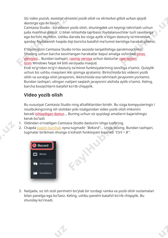 n ajoyib dasturga ega bo'lasiz! camtasia studio - bu videoni yozib olish, shuningdek uni keyingi tahrirlash uchun juda mashhur dastur. u bilan ishlashda tajribasiz foydalanuvchilar turli savollarga ega bo'lishi mumkin. ushbu darsda biz sizga aytib o'tilgan dasturiy ta'minotdan qanday foydalanish haqida iloji boricha batafsil ma'lumot berishga harakat qilamiz. e'tiboringizni camtasia studio to'lov asosida tarqatilishiga qaratmoqchimiz. shuning uchun barcha tasvirlangan harakatlar bepul amalga oshiriladi sinov versiyasi... bundan tashqari, rasmiy versiya uchun dasturlar operatsion tizim windows faqat 64 bitli versiyada mavjud. endi to'g'ridan-to'g'ri dasturiy ta'minot funktsiyalarining tavsifiga o'tamiz. qulaylik uchun biz ushbu maqolani ikki qismga ajratamiz. birinchisida biz videoni yozib olish va suratga olish jarayonini, ikkinchisida esa tahrirlash jarayonini yoritamiz. bundan tashqari, olingan natijani saqlash jarayonini alohida aytib o'tamiz. keling, barcha bosqichlarni batafsil ko'rib chiqaylik. video yozib olish bu xususiyat camtasia studio ning afzalliklaridan biridir. bu sizga kompyuteringiz / noutbukingizning ish stolidan yoki istalganidan video yozib olish imkonini beradi ishlaydigan dastur... buning …