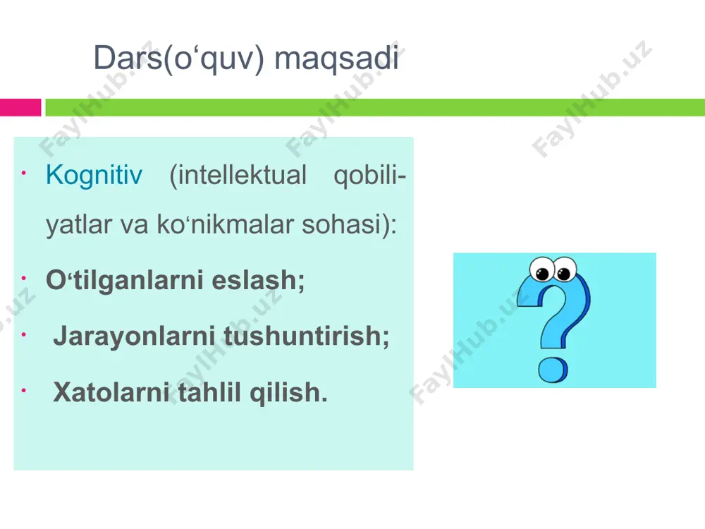 a mos ravishda birin-ketin tarqatish, ularni o’qib chiqish uchun yetarli daqiqalar berish va oʻquvchilar diqqatini axborotga qaratish uchun kimgadir ovoz chiqarib oʻqitish maqsadga muvofiq boʻladi. shundan so’ng, mavzu muhokamasini boshlash mumkin boʻladi. nazariy dars o‘rganilgan bilimlarni qayta ishlash bosqichi: o‘quvchilarga tafakkur qilish va qayta ishlash imkoniyatini yaratuvchi topshiriqlar o’zlashtirilgan bilimlarni faol ravishda qayta ishlab borish uchun zarurdir. ular bilimlarni qabul qilishning nisbiy passiv fazasidan so’ng, aktiv faza kelishi uchun imkoniyat yaratib beradi. guruhlarda ishlash yoki individual ravishda topshiriqlarni yechish va natijalarni taqdim etish samarali o’qitish usullari hisoblanadi. xuddi shu yerga uy vazifalarini ham kiritish mumikin. nazariy dars analiz va sintezlar: mavzu tahlili orqali mavjud vaziyat elementlari alohida ko‘rib chiqilishi mumkin. ushbu o‘rinda alohida xususiyatlar yoki detallar muhokama etilishi mumkin. mazkur detallarni bir butun qilib sintezlash toʻgʻri tasavvur hosil qilish va aloqadorlikni aniqlash imkonini beradi. bu yerda gap bilimning aloqadorlik darajalarini aniqlash imkonini beradi. bu yerda gap bilimning aloqadorlik darajalarini aniqlash …