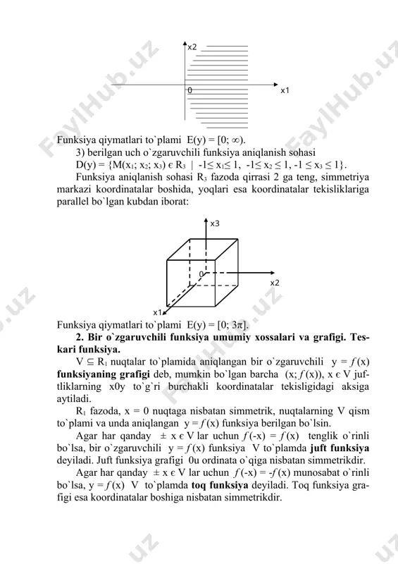 teskari funksiyasiga ega. o`zaro teskari f (x) va g(x) funksiya grafiklari birinchi chorak simmetriya o`qi y = x to`g`ri chiziqqa nisbatan simmetrikdir. 3. chegaralangan funksiya. qavariq va botiq funksiyalar haqi-da tushuncha. v1 d(y) nuqtalar to`plamida berilgan y = f (x) funksiyaning v1 da erishadigan qiymatlari to`plami yuqoridan (quyidan) chegaralangan bo`lsa, funksiya v1 da yuqoridan (quyidan) chegaralangan deyiladi. y = f (x) funksiyaning yuqoridan (quyidan) chegaralanganligi, shunday bir k son mavjudligini anglatadiki, barcha m є v1 nuqtalar uchun f (m) ≤ k (f (m) ≥ k) tengsizlik o`rinli bo`ladi. v1 d(y) nuqtalar to`plamida ham quyidan va ham yuqoridan che-garalangan funksiyaga, v1 to`plamda chegaralangan funksiya deb ataladi. ushbu holda, agar v1 = d(y) bo`lsa, y = f (m) funksiya aniqlanish sohasida chegaralangan deyiladi va uning qiymatlari to`plami chegaralangan sonlar to`plamidan iborat bo`ladi. agar y = f (m) funksiya v1 to`plamda yuqoridan (quyidan) chegaralanmagan bo`lsa, v1 to`plamga tegishli {mk} nuqtalar ketma-ketligi mavjudki, () …
