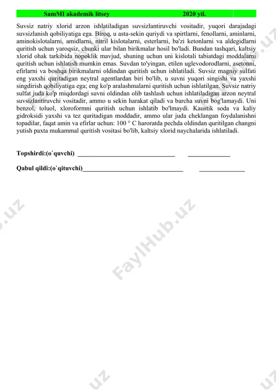 mi chiqariladi. magniy). suyuqlik to'kib tashlanadi, quritgichning yangi qismi yana kiritiladi va bu tuzlovchi suvni yutishni to'xtatmaguncha takrorlanadi, masalan, kaltsiy xloridi erimaydi, fosforik anhidril bir-biriga yopishmaydi va hokazo. ushbu ishlov berilgandan so'ng, organik suyuqlik flakonga joylashtiriladi, u to'xtatuvchini kaltsiy xlorid naychasi bilan yoping va quritgichning yangi qismi bilan bir kechada turishga qoldiring. distillashdan oldin quritilgan organik suyuqlik filtrlanadi yoki ko'pincha dekantlanadi. ba'zida quritgichlar vakuum ostida portlashadi, shuning uchun nasosni yoqishdan oldin ularni sochiq bilan o'ralgan bo'lishi kerak. vakuumli quritgichni ochayotganda, quritilgan moddalarni havo bilan püskürtmemesi uchun musluku juda ehtiyotkorlik bilan va asta-sekin aylantiring. bosim tenglashtirilgandan keyingina vakuum sathining zamin qopqog'ini ochish mumkin. namlikni kuchli singdiradigan modda quritish vositasini joylashtirish uchun quritgich ishlatiladi. quritilishi kerak bo'lgan modda shisha yoki chashka ichiga solinadi, quritgichning chinni qo'shimchasiga ochiladi va ikkinchisida bir kun yoki undan ko'proq vaqt davomida qoldiriladi. quritilishi kerak bo'lgan moddaning kimyoviy xususiyatlariga qarab quritish vositasi tanlanadi. ko'pincha tuzsizlantiruvchi vosita sifatida kaltsiy …