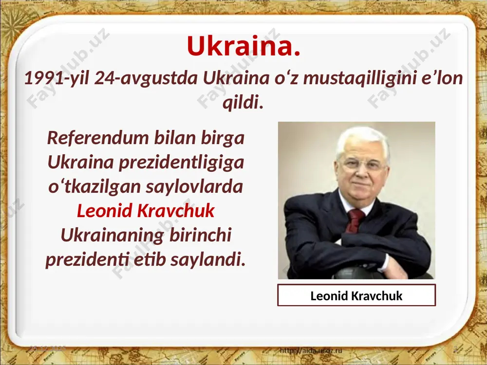 12.09.2019 10 moldova respublikasi. 12.09.2019 11 moldaviya 1991-yil 27-avgustda o‘z mustaqilligini e’lon qildi. moldova respublikasi nomini olgan davlatning birinchi prezidenti etib mircha snegur saylandi. mircha snegur moldova iqtisodiy jihatdan agrar-industrial mamlakatlar qatoriga kiradi. uning iqlimi qishloq xo‘jaligi uchun juda qulay. 12.09.2019 12 eksportning asosiy qismini oziq-ovqat va to‘qimachilik mahsulotlari tashkil qiladi. 12.09.2019 13 ammo 2009-yilgi inqirozdan so‘ng moldova jadal rivojlanishni boshlab yubordi. 2017-yil may oyida bo‘lib o‘tgan prezident saylovlarida rossiya bilan yaxshi munosabatlar tarafdori bo‘lgan igor dodon g‘olib chiqdi. 12.09.2019 14 igor dodon savol va topshiriqlar 1. xx asr oxiriga kelib qanday o‘zgarishlar ukrainada kapitalistik iqtisodning shakllanishiga olib keldi? 2. ukrainada 2014-yilgi siyosiy inqiroz natijasida qanday muammolar paydo bo‘ldi? 3. belarus respublikasi mustaqillik yillari iqtisodiy rivojlanishda qanday yutuqlarga erishdi? 4. moldova respublikasi oldida mustaqillik yillari qanday siyosiy va iqtisodiy muammolar paydo bo‘ldi? 5. ukraina, belarus va moldova respublikalari rivojlanishidagi umumiy jihatlarni ko‘rsatib bering. 12.09.2019 15 image2.jpeg image3.emf image4.emf image5.jpeg image6.jpeg …