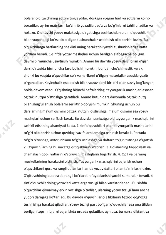 klini va yozilish tartibini doskada ko'rsatib bergandan so'ng o'quvchilarga 2-3 qator mustaqil yozishga ruxsat etishi mumkin. bu vaqt ichida o'qituvchi sinfni aylanib, o'quvchilarning yozuvini tekshirib chiqishi va xato yozayotgan o'quvchilarning yozuvlaridan bittasini namuna uchun tanlab olib, doskada o'quvchi qanday xato yozgan bo'lsa, o'qituvchi ham shunday shaklda yozib ko'rsatadi. 1-sinfda yozuv mashqlarini tashkil etish birmuncha murakkab bo'ib, bir necha xil vazifani o'z ichiga oladi: bolalar o'qituvchining so'zini tinglaydilar, doskaga yozgan harf va so'zlarni ko'rib boradilar, ayrim matnlarni ko'chirib yozadilar, so'z va bo'g'inlarni tahlil qiladilar va hokazo. o'qituvchi yozuv malakasiga o'rgatishga boshlashdan oldin o'quvchilar bilan yuqoridagi ko'rsatib o'tilgan tushunchalar ustida ish olib borishi lozim. bu o'quvchilarga harflarning shaklini uning harakatini yaxshi tushunishlariga katta yordam beradi. 1-sinfda yozuv mashqlari uchun berilgan alifbegacha bo'lgan davrni birmuncha uzaytirish mumkin. ammo bu davrda yozuv darsi bilan o'qish darsi o'rtasida birmuncha farq bo'ishi mumkin, bundan cho'chimaslik kerak, chunki bu vaqtda o'quvchilar so'z va harflarni o'tilgan materiallar asosida …