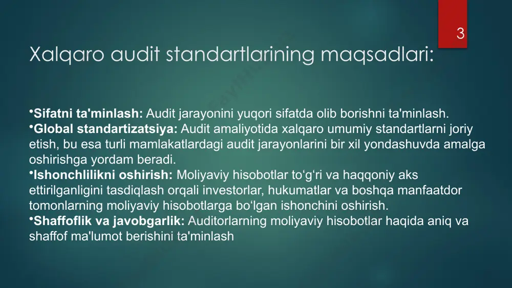 tartibini belgilaydi. isa 550 – o‘zboshimchalik va aloqador tomonlar bilan operatsiyalar: audit paytida korxonadagi aloqador tomonlar va ularga oid operatsiyalarni tekshirish usullarini belgilaydi. 5 5. audit jarayonini hujjatlashtirish va hisobot berish (audit documentation and reporting) audit jarayonida olingan natijalar asosida qanday hujjatlar va hisobotlarni tayyorlash lozimligi to‘g‘risida ko‘rsatmalar beriladi. isa 700 – moliyaviy hisobotlar bo‘yicha auditor xulosasi: auditor o‘z xulosasini qanday shakllantirish va uni qanday hujjatlashtirish kerakligini ko‘rsatadi. isa 701 – e’tibor qaratish zarur bo‘lgan muhim masalalar: moliyaviy hisobotlar bo‘yicha auditorlik xulosasiga qanday muhim masalalarni kiritish kerakligini belgilaydi. isa 705 – modifikatsiyalangan auditor xulosasi: agar auditor moliyaviy hisobotlarda xatolik yoki noto‘g‘ri ma’lumotlar topgan bo‘lsa, modifikatsiyalangan xulosani qanday tuzish kerakligini ko‘rsatadi. 6. davomiy faoliyat va audit jarayonining alohida jihatlari (going concern and other important aspects) isa 570 – davomiy faoliyat: korxonaning kelgusida faoliyatni davom ettirishi mumkinligiga nisbatan auditorning bahosini berish protseduralarini belgilaydi. . 6 xalqaro audit standartlari va milliy amaliyot ko‘plab …